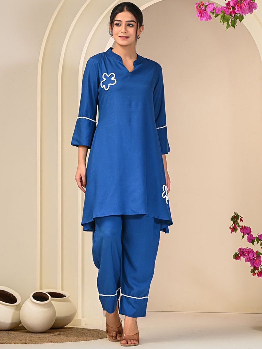 

Indi INSIDE Embellished Mandarin Collar Three-Quarter Sleeves Pure Cotton Top & Trouser, Blue