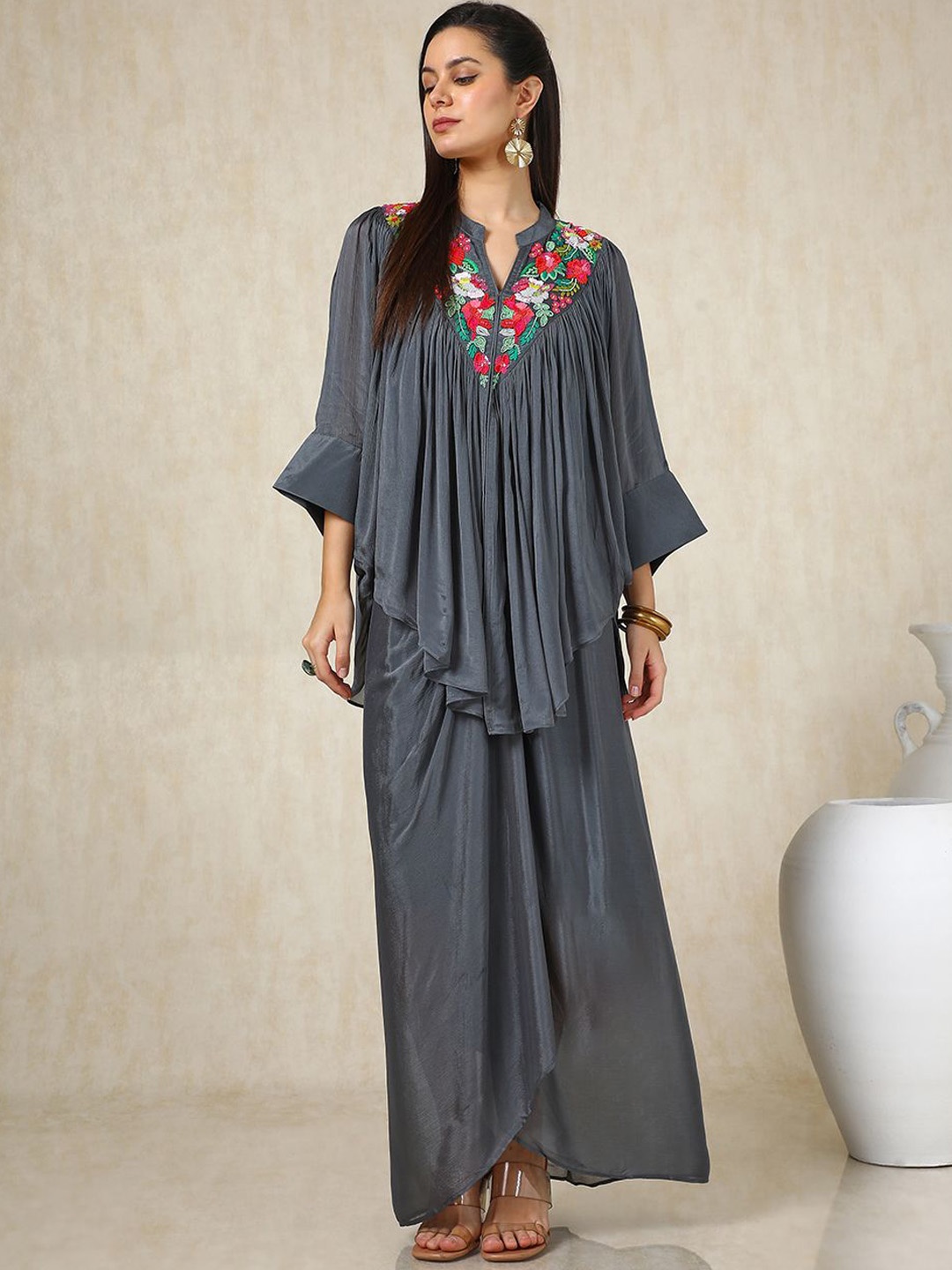 

Soch Grey Floral Embroidered Mandarin Collar Three-Quarter Sleeves Top With Skirt