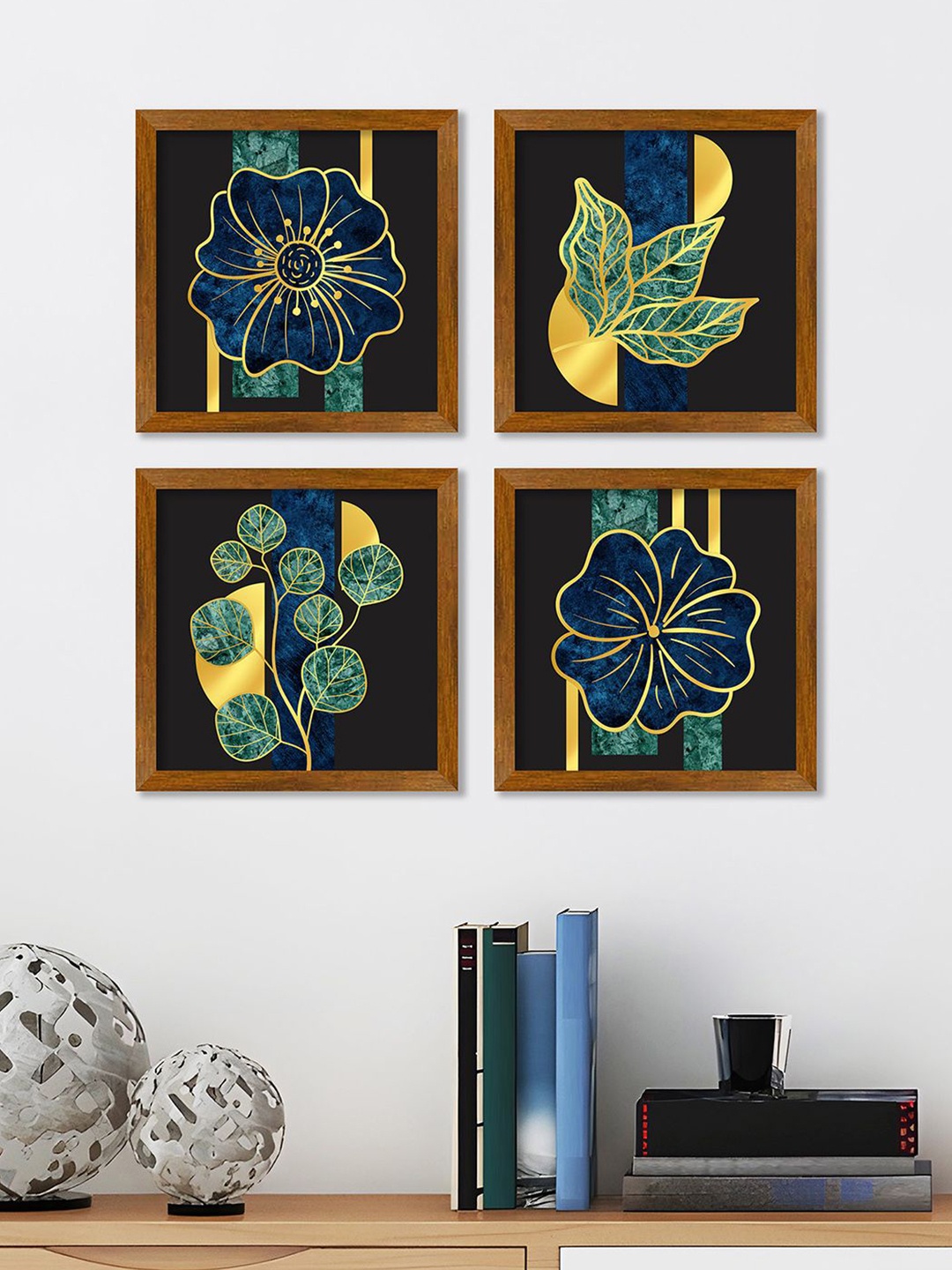 

ArtVibes Blue & Brown 4 Pieces Leaf Pattern Wooden Wall Arts