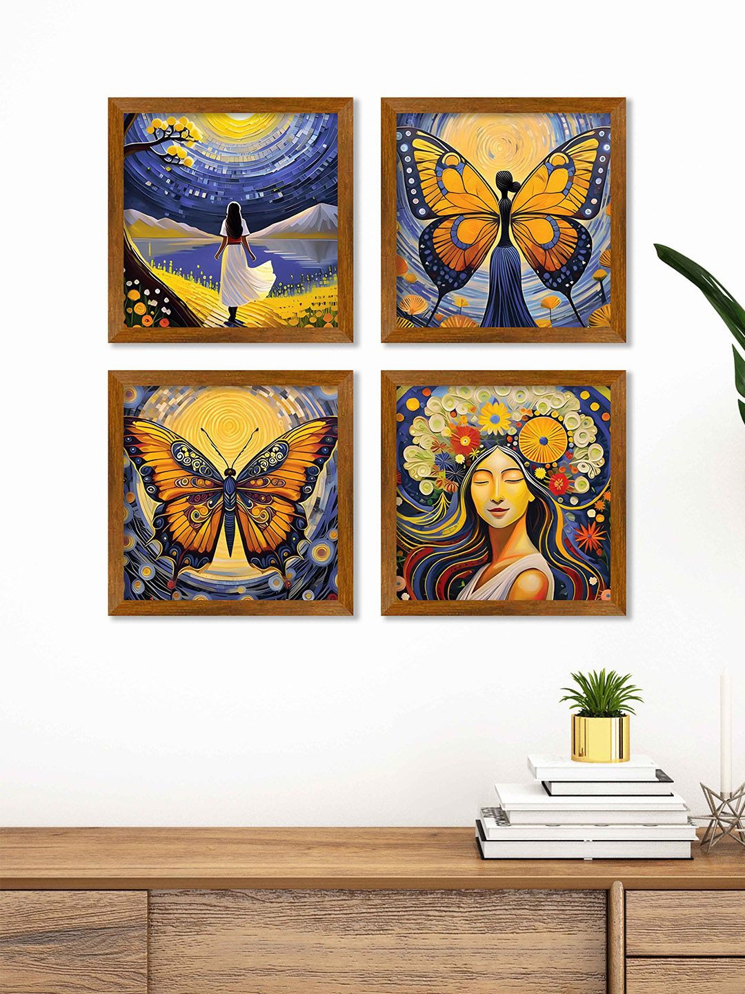 

ArtVibes Yellow & Blue 4 Pieces Printed Wooden Wall Arts