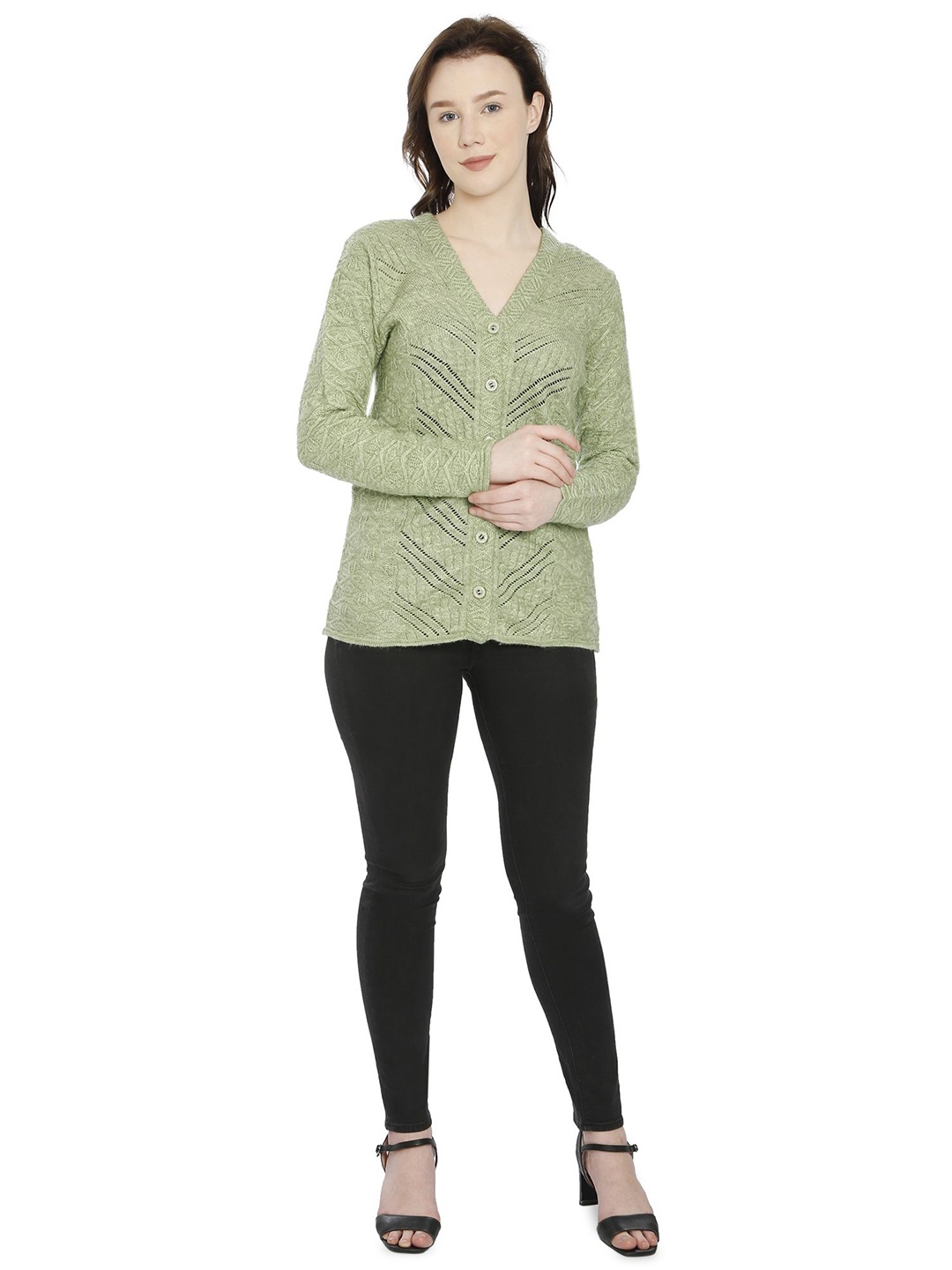 

HAUTEMODA Women V-Neck Woollen Cardigan, Green