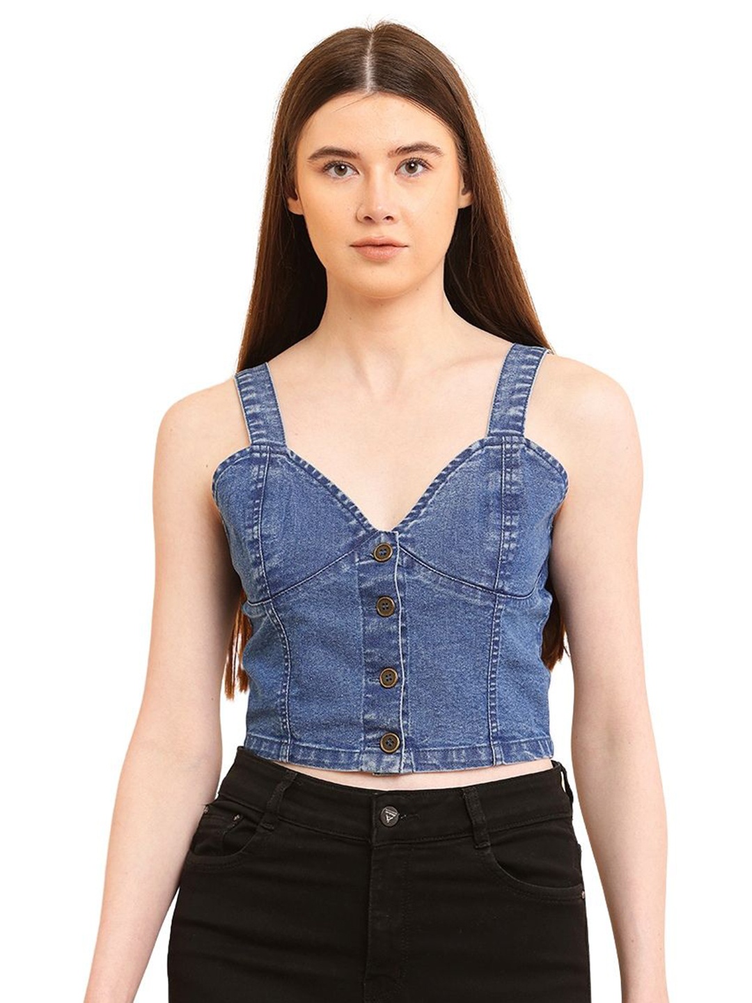 

PUELLA Women Sweetheart Neck Denim Crop Top, Blue