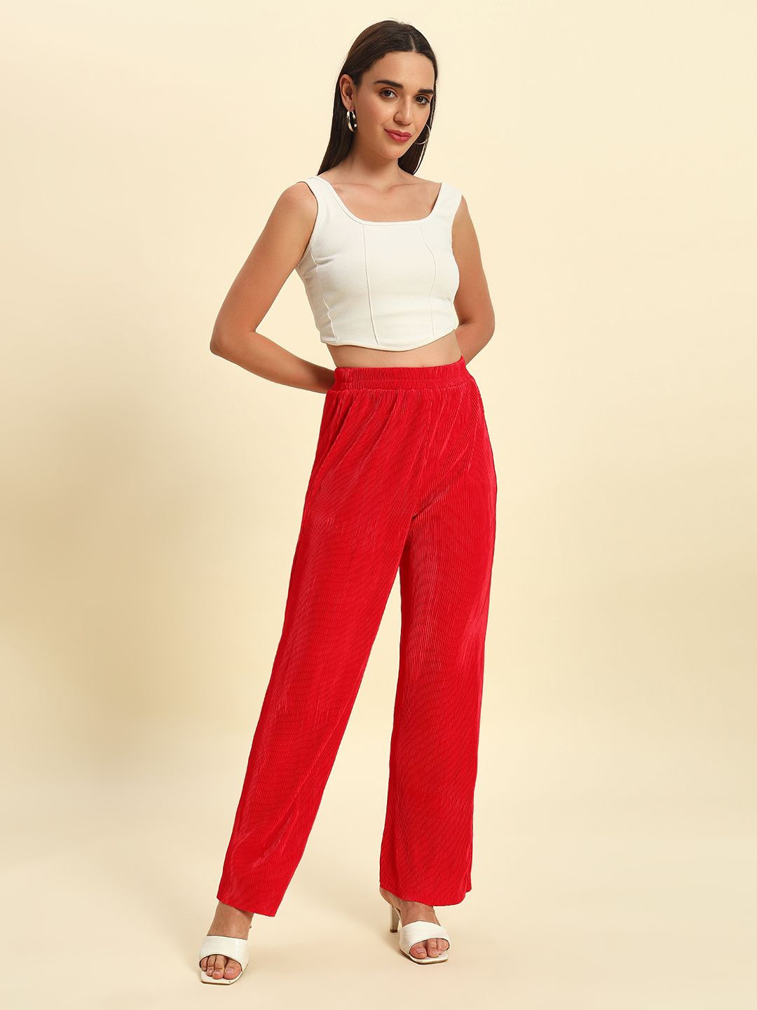 

HERE&NOW Women Velvet Straight Palazzos, Red