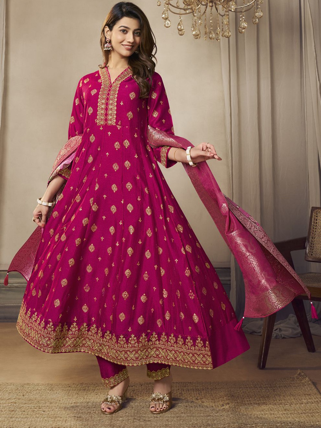 

all about you Pink Floral Printed Thread Work Anarkali Kurta with Trousers & With Dupatta