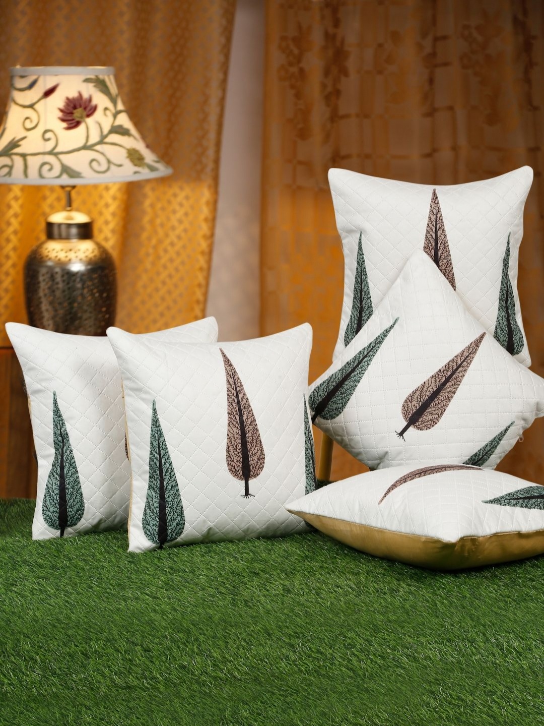 

SOKNACK White & Green 5 Pieces Floral Velvet Square Cushion Covers