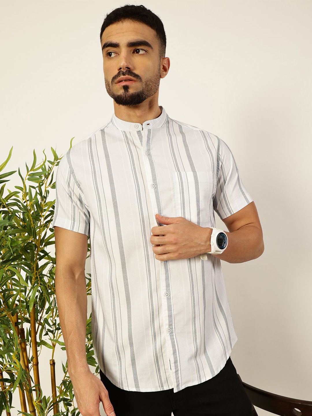 

VALEN CLUB Men Premium Band Collar Vertical Striped Slim Fit Casual Shirt, White