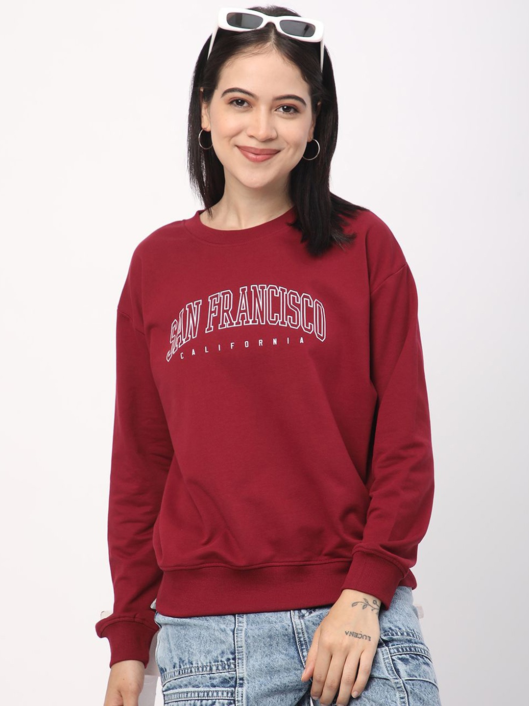 

R&B Women Cotton Printed Round Neck Long Sleeves Pullover Sweatshirt, Burgundy