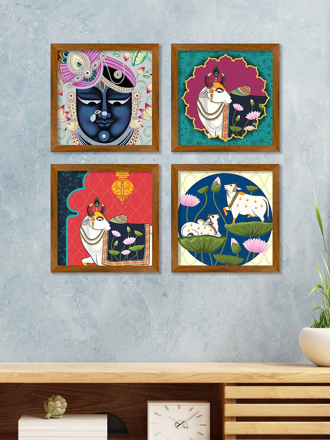 

ArtVibes Green & Red 4 Pieces Shrinathji Pichwai Cow Printed Wooden Wall Art