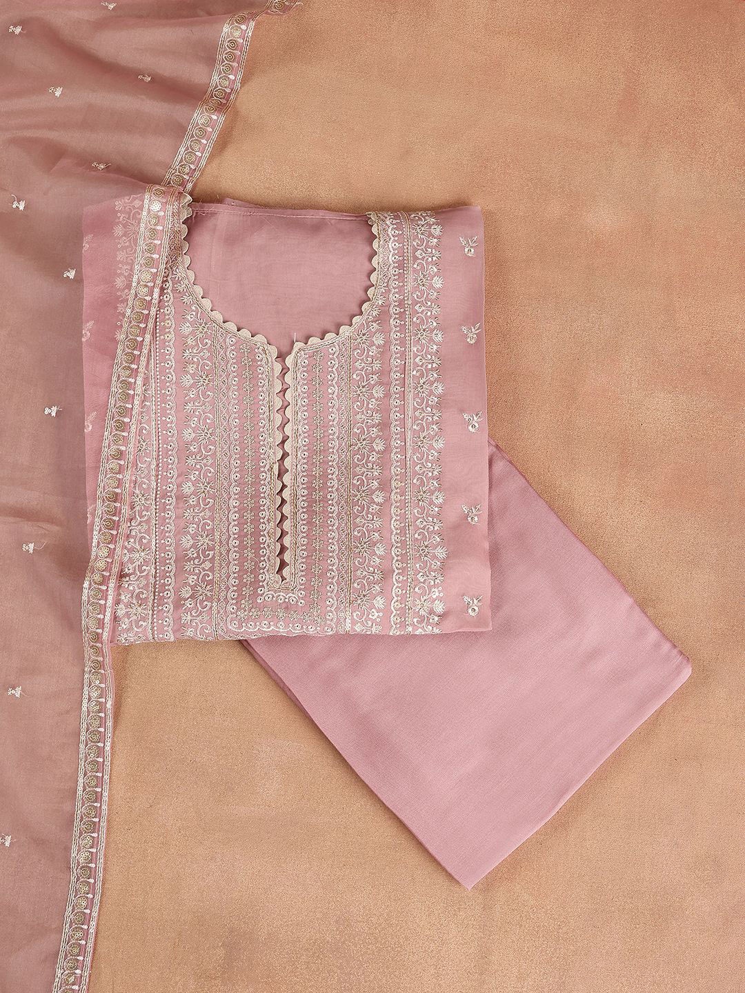 

Libas Pink Embroidered Thread Work Organza Unstitched Dress Material