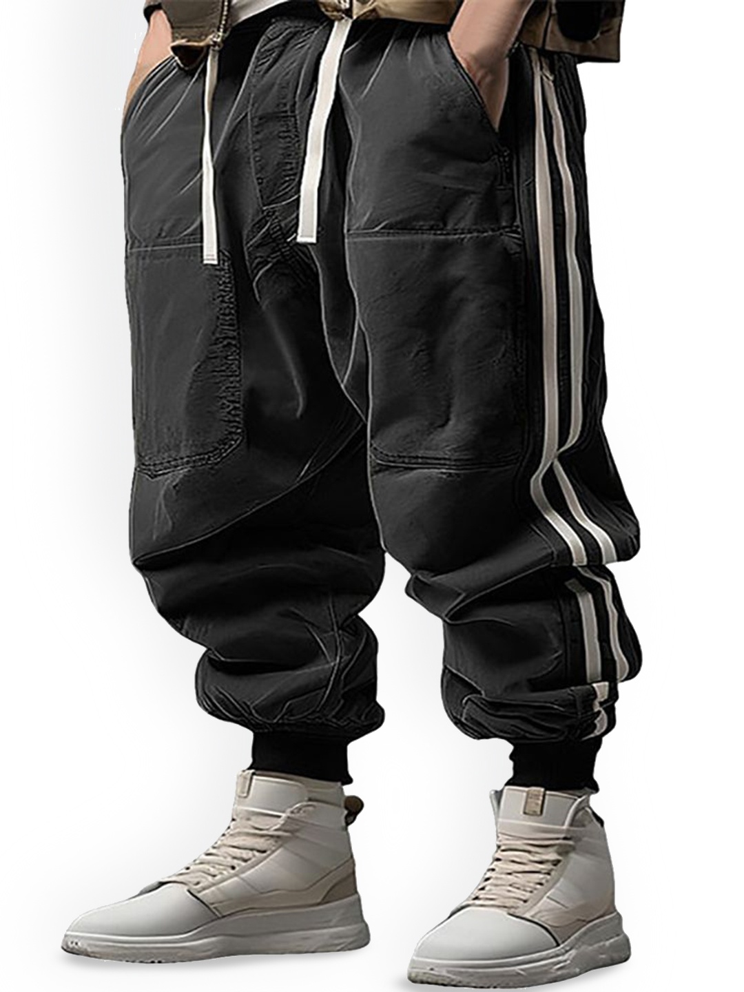 

StyleCast x Revolte Men Striped Loose Fit Jogger Trousers, Black
