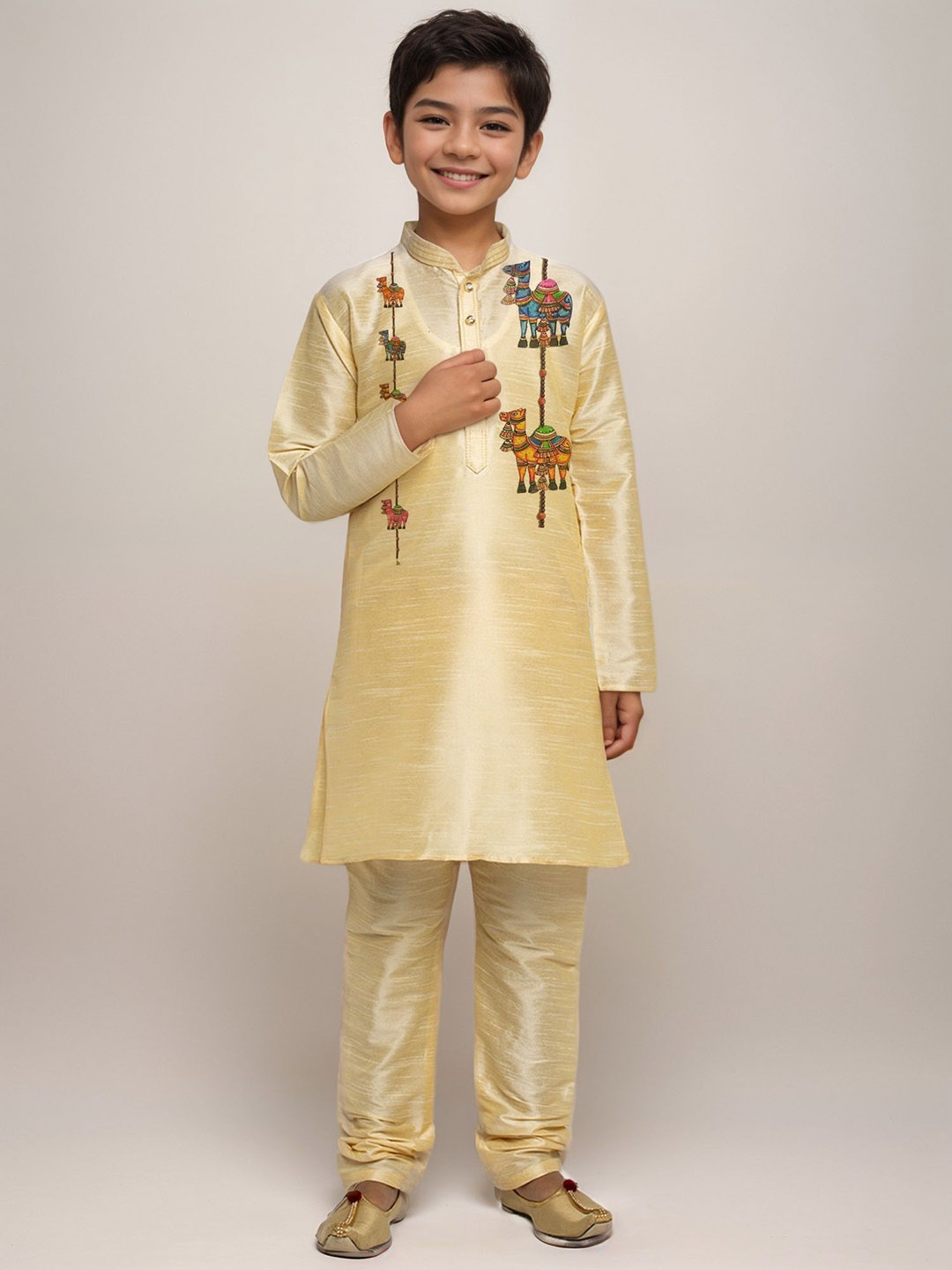 

DEVOILER Boys Ethnic Motifs Printed Straight Kurta, Beige