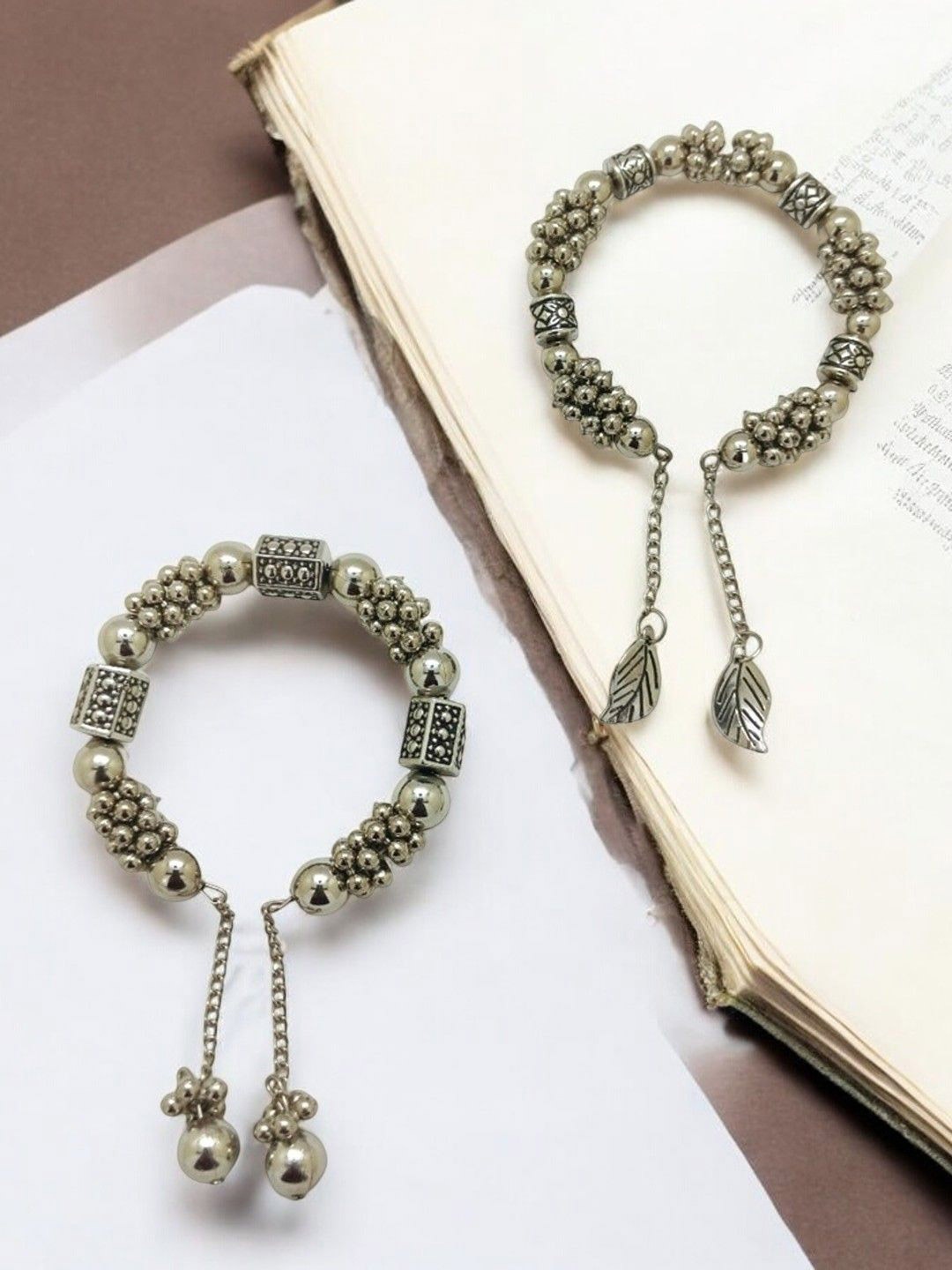 

9blings Set Of 2 Silver-Plated Beaded Charm Bracelets