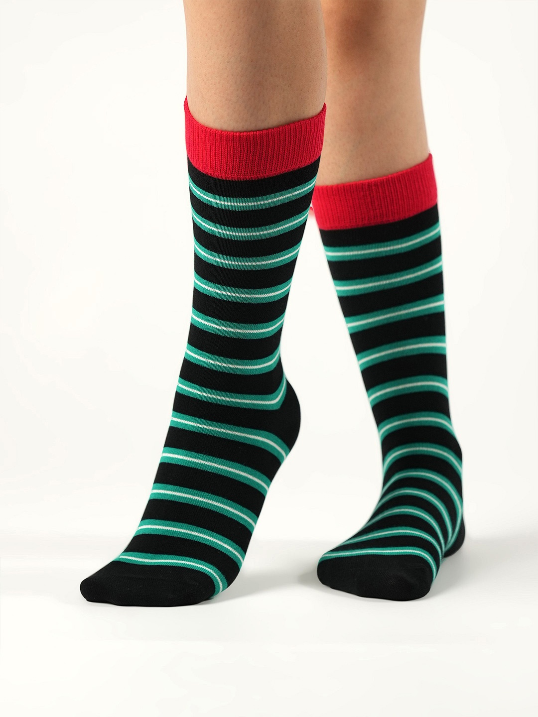 

Theater Women Striped Cotton Calf Length Socks, Black