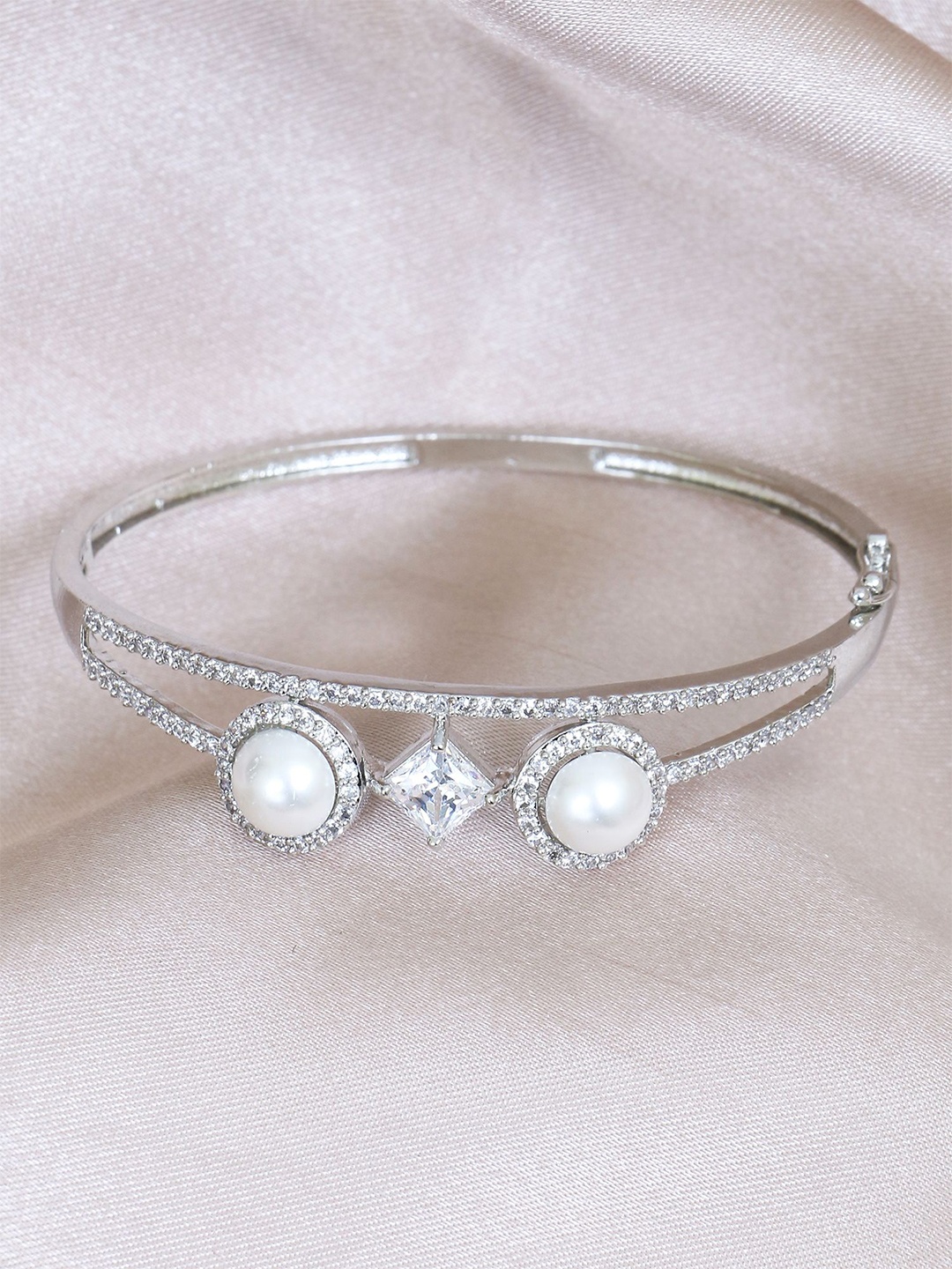 

Adwitiya Collection Rhodium-Plated CZ Studded Bangle-Style Bracelet, Silver