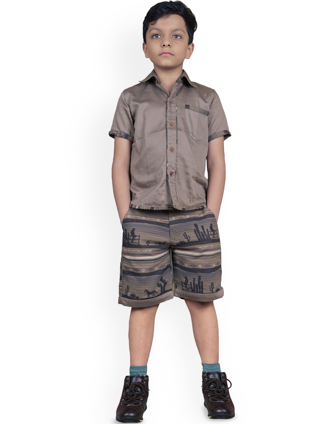 

BAESD Boys Printed Shirt & Shorts, Brown