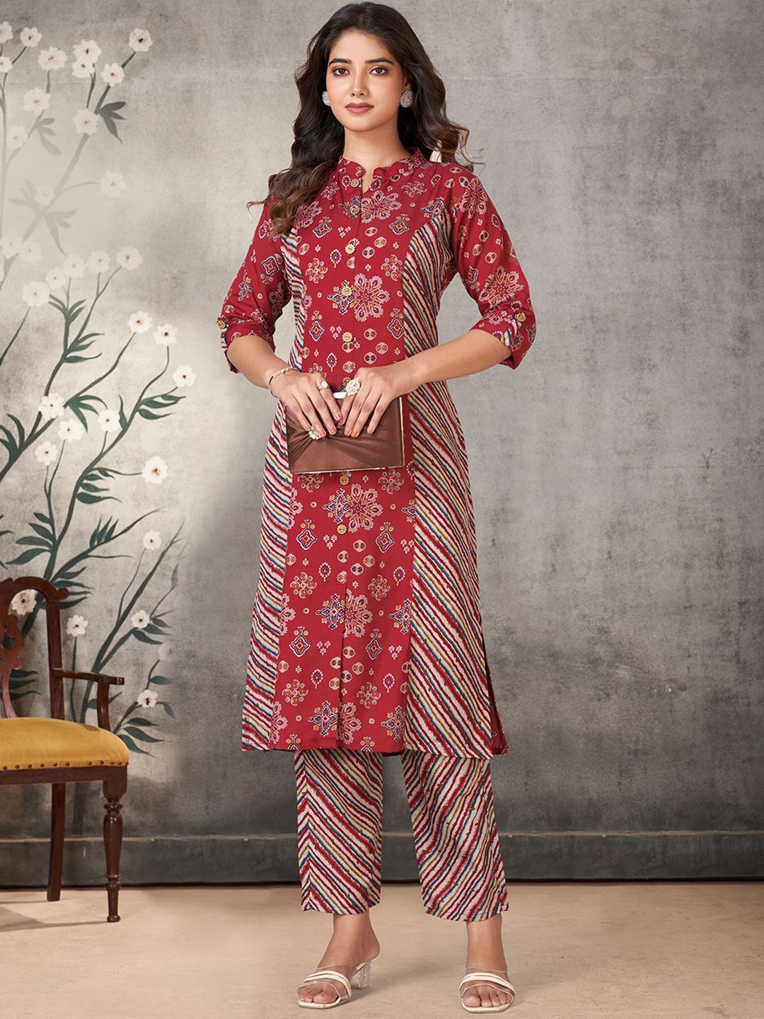 

KALINI Floral Printed Kurta with Palazzo, Red