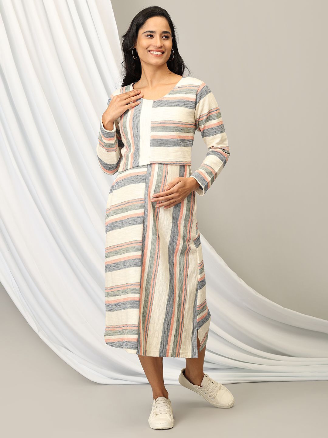 

The Mom Store Women Striped Maternity A-Line Midi Dress, Beige