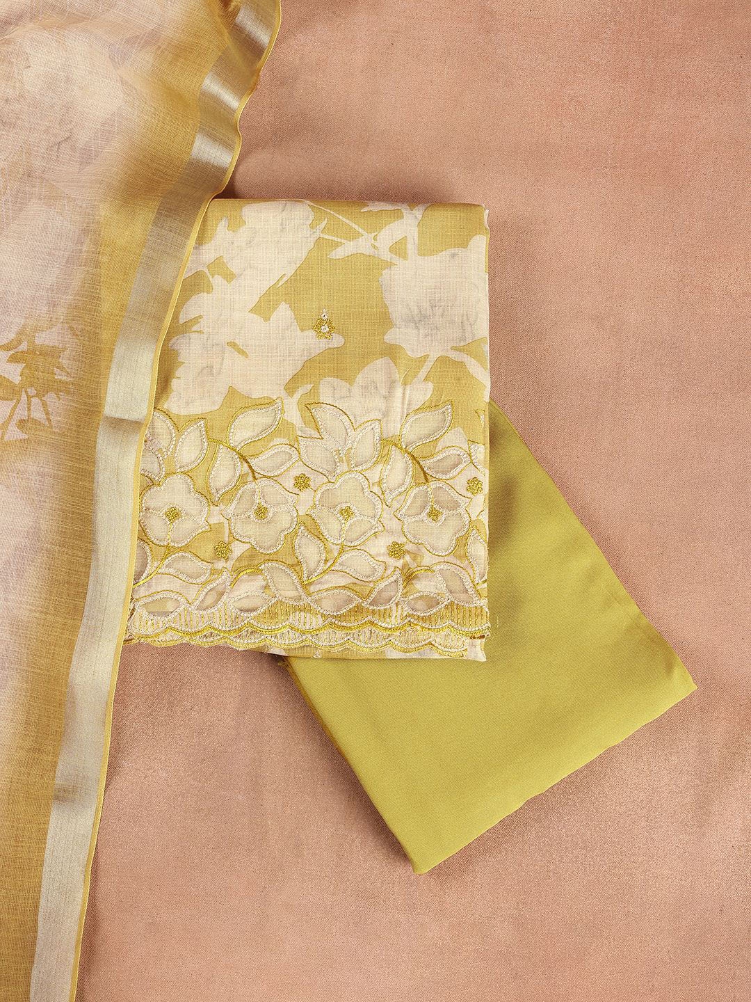 

Libas Mustard Yellow Floral Embroidered Thread Work Unstitched Dress Material