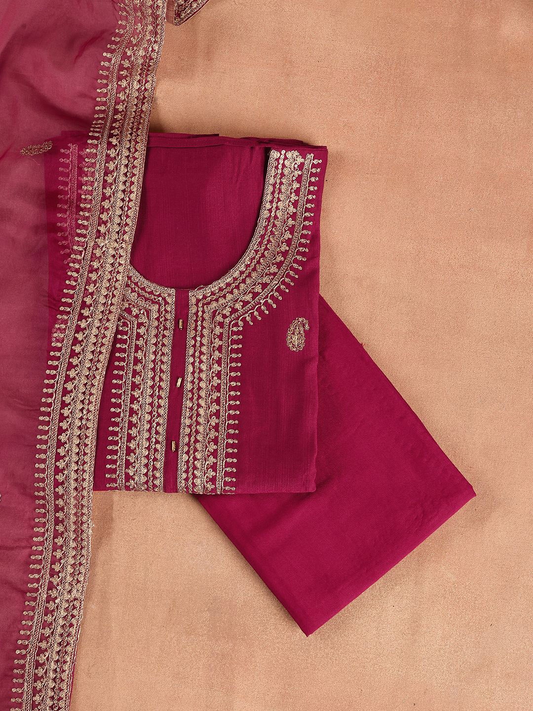 

Libas Maroon Paisley Embroidered Zari Unstitched Dress Material