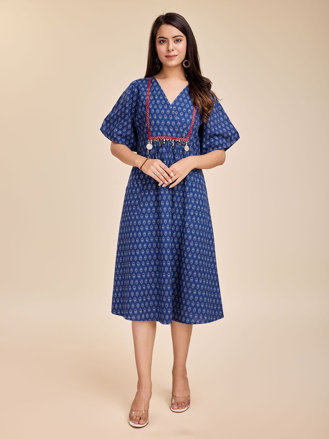

Komarri U Women Cotton V-Neck Embellished A- line Dress, Blue