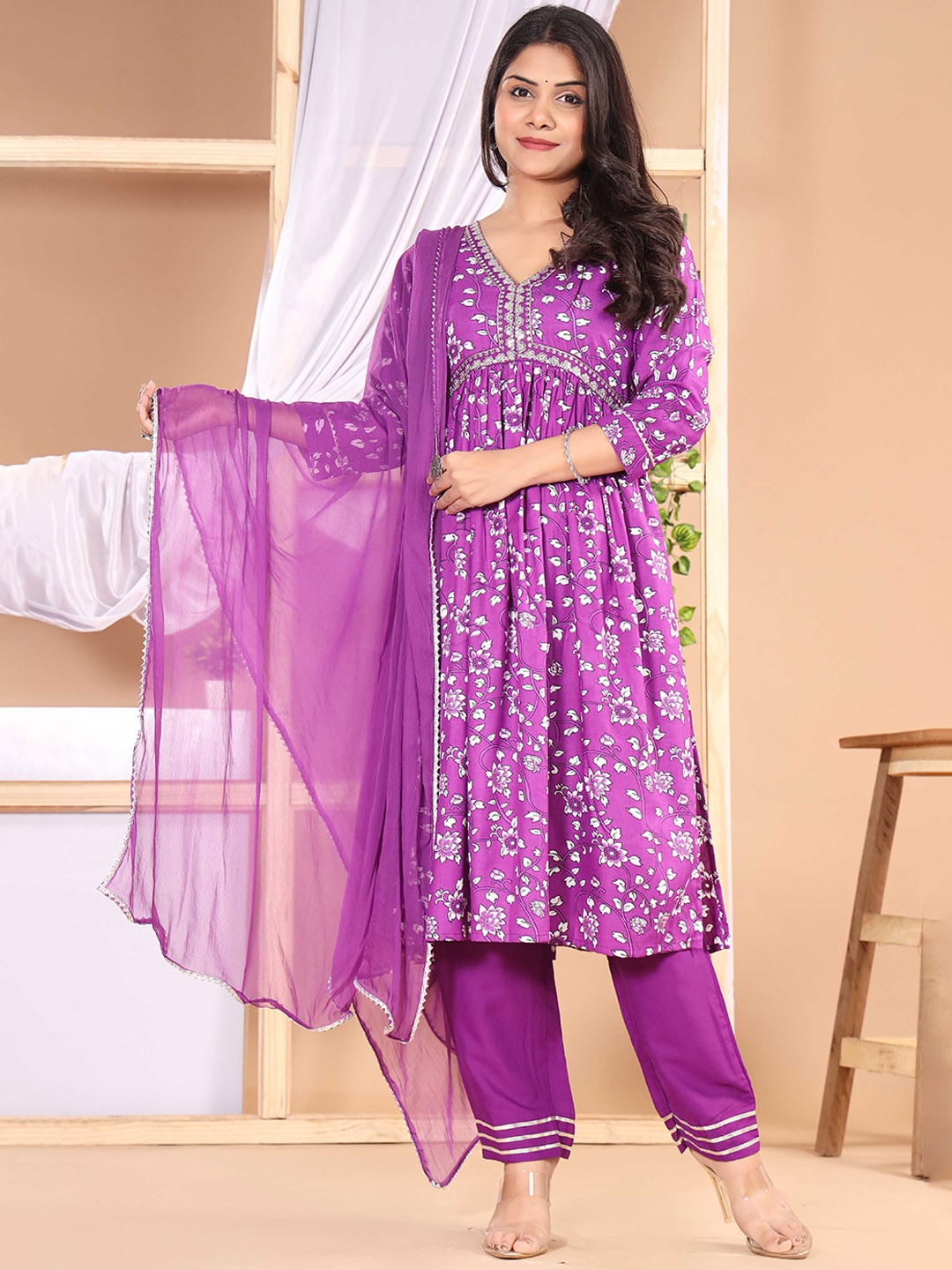 

PrettyNight Floral Embroidered Empire Zari A-Line Kurta With Palazzos & Dupatta, Purple