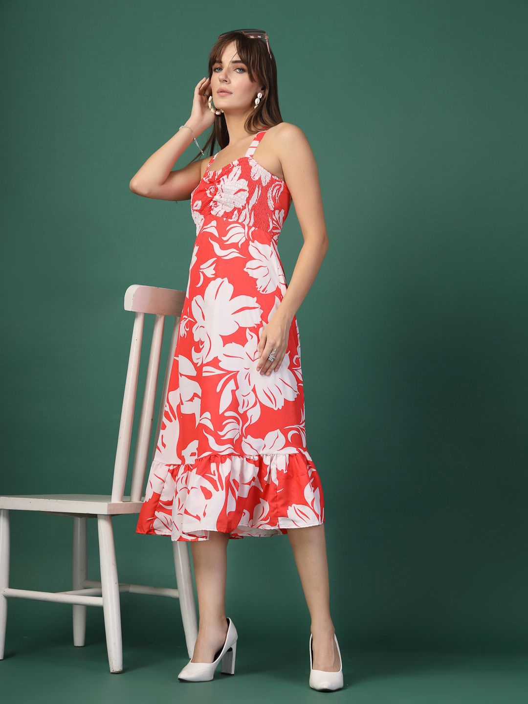 

Oomph! Women Floral Print Crepe A-Line Midi Dress, Red