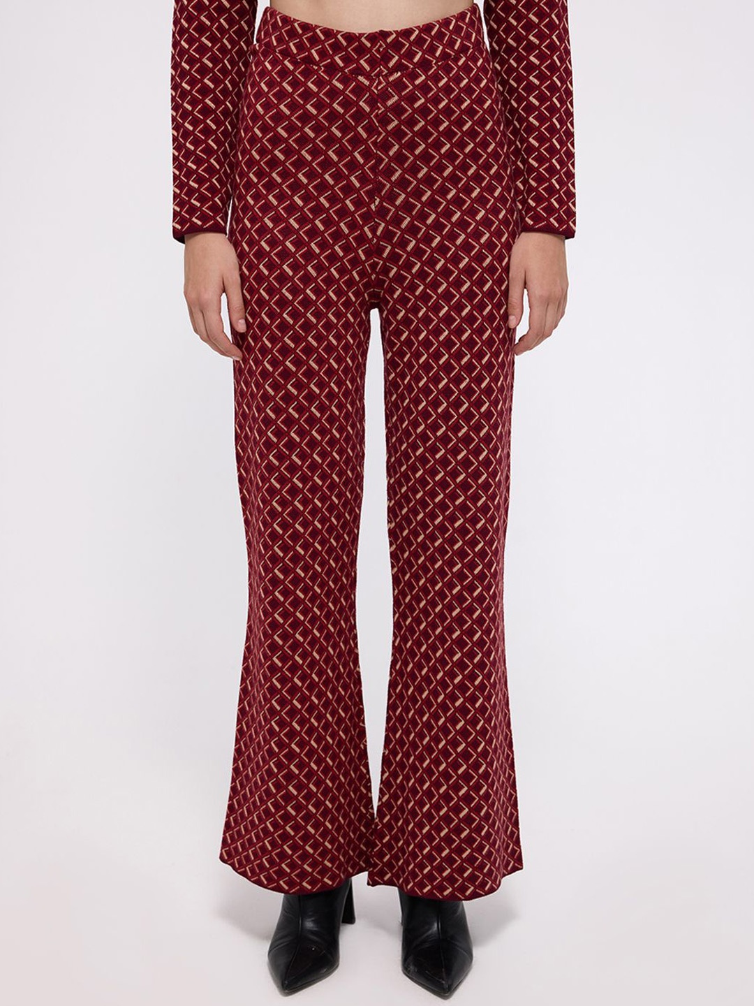 

COVER STORY Women Printed Flared Bootcut Trousers, Maroon
