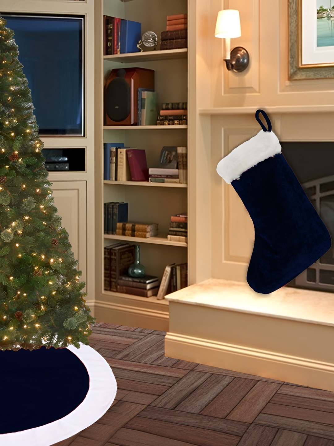 

Home Heart Navy Blue & White Velvet Christmas Stocking With Fur Cuff