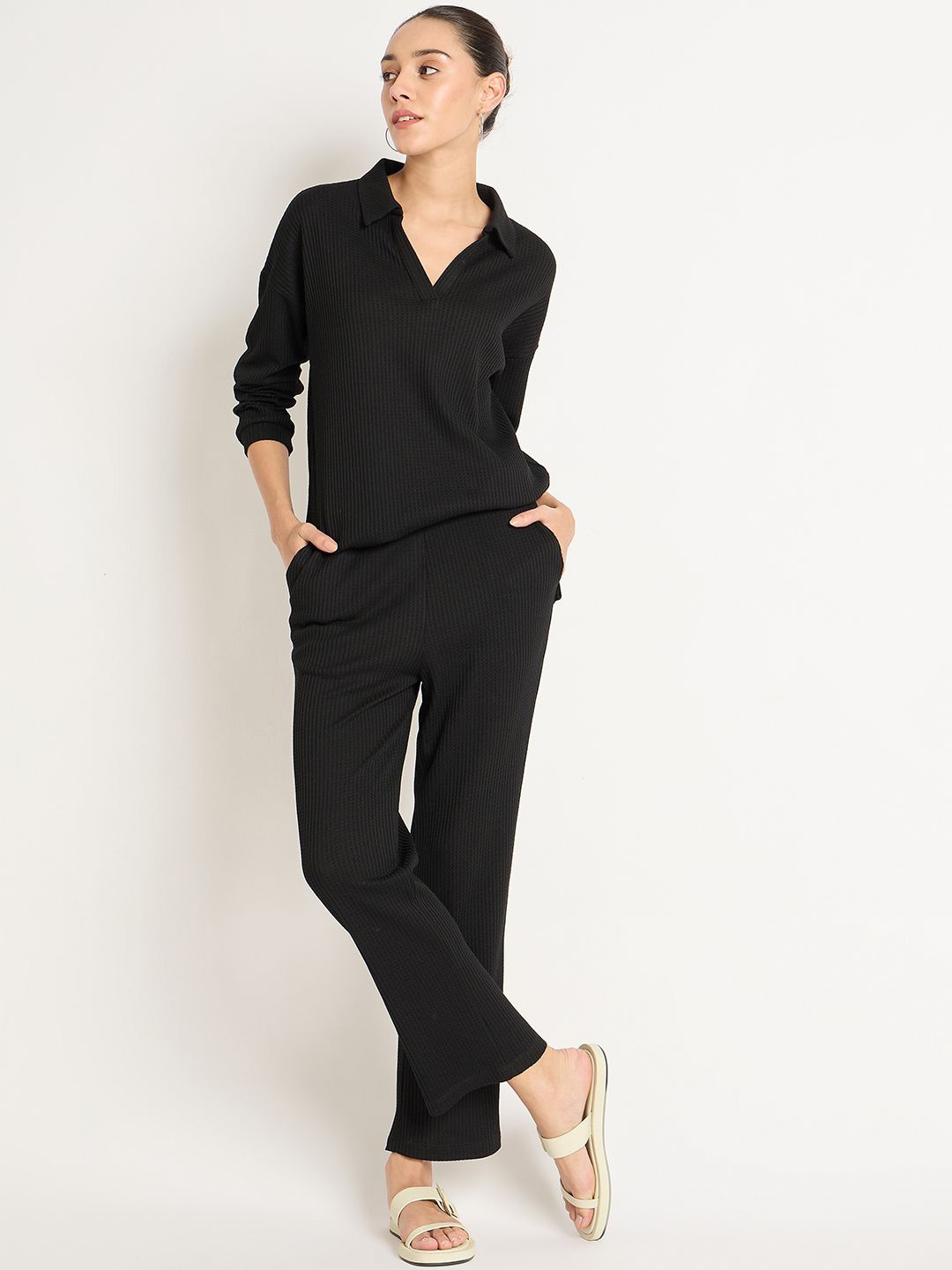 

FEMMELLA Knitted Shirt Collar T-Shirt With Trousers, Black