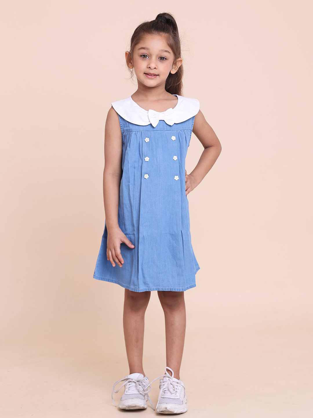 

House of Spades Girls Round Neck Sleeveless Cotton A-Line Dress, Blue