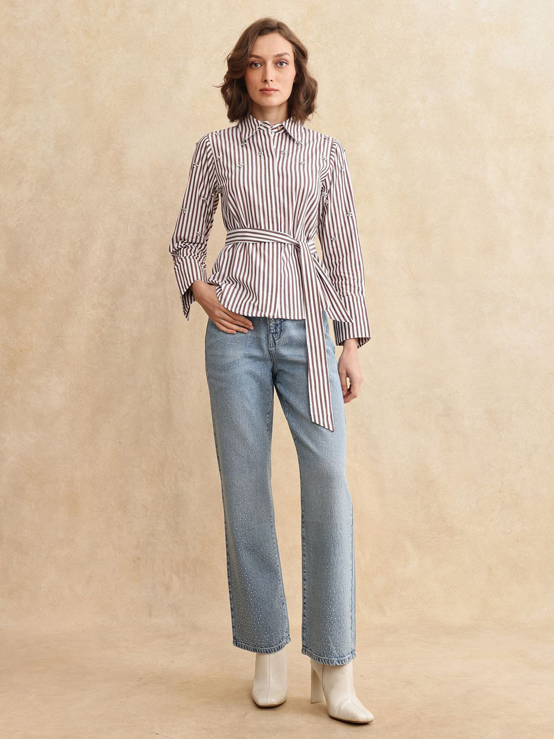 

RAREISM Women Comfort Spread Collar Vertical Striped Cotton Casual Shirt, Brown