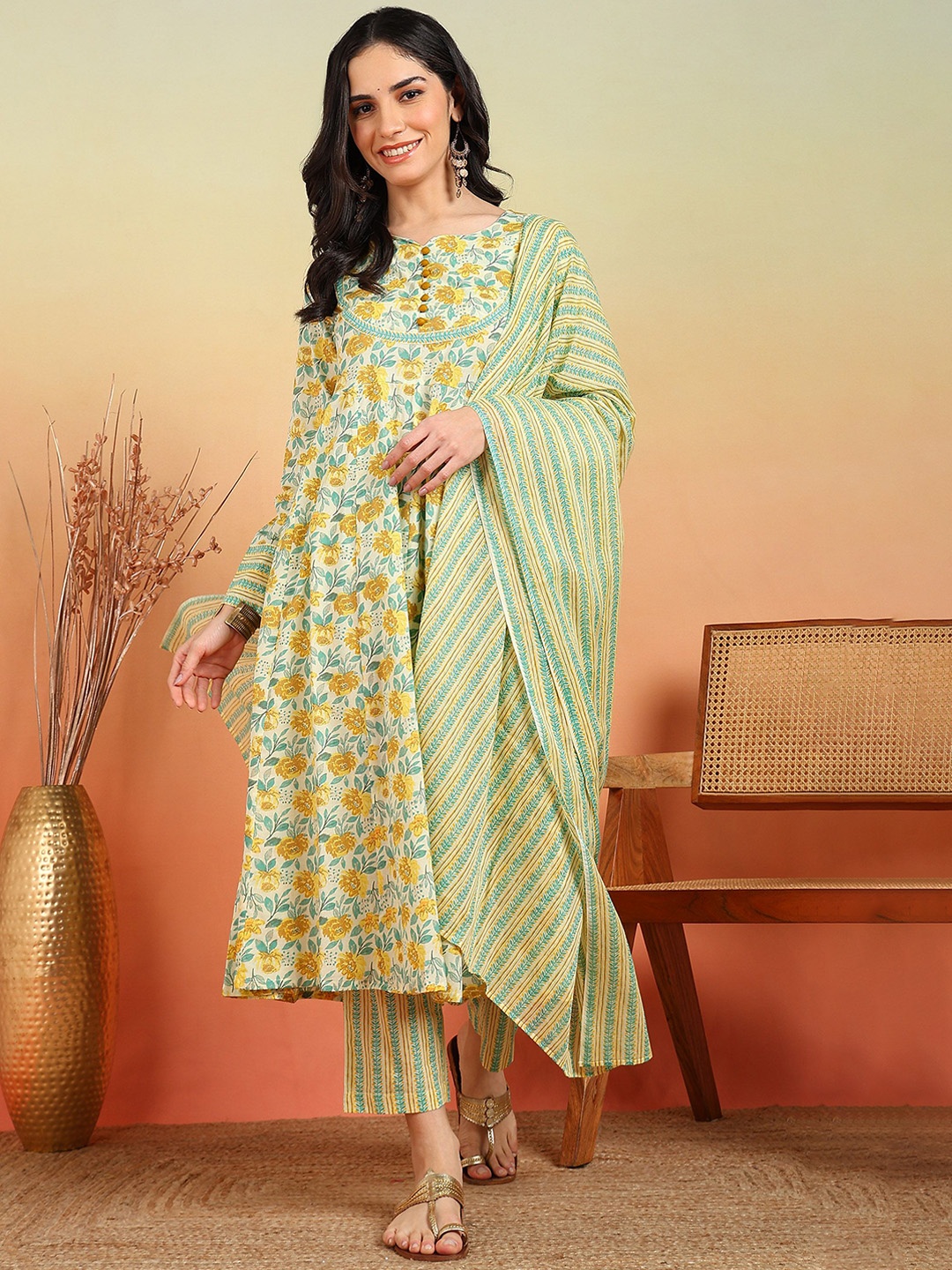 

YASH GALLERY Floral Printed Pure Cotton Anarkali Kurta with Trousers & Dupatta, Yellow