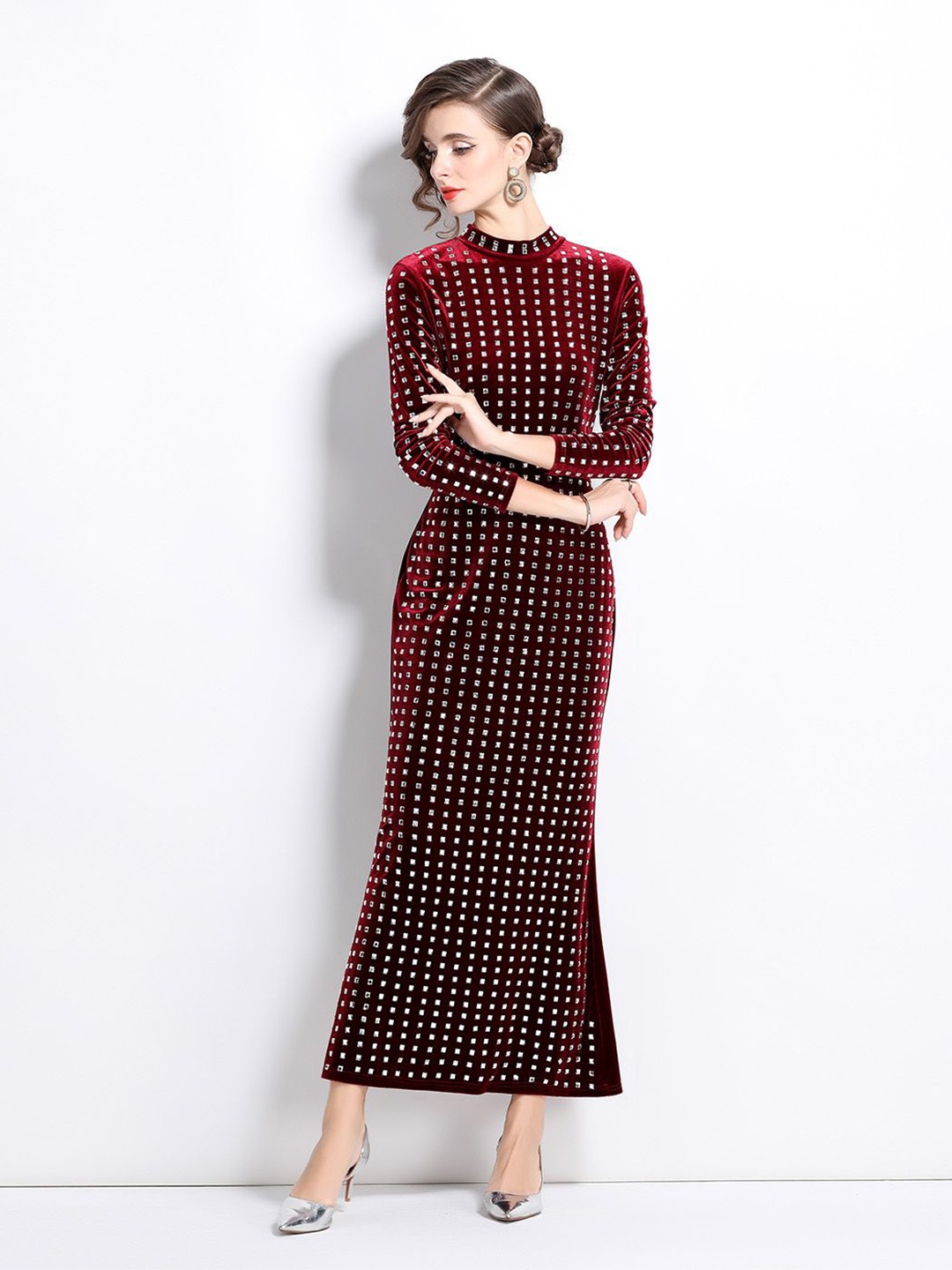 

JC Collection Women Embellished Mock Neck Long Sleeves Sheath Maxi Dress, Maroon