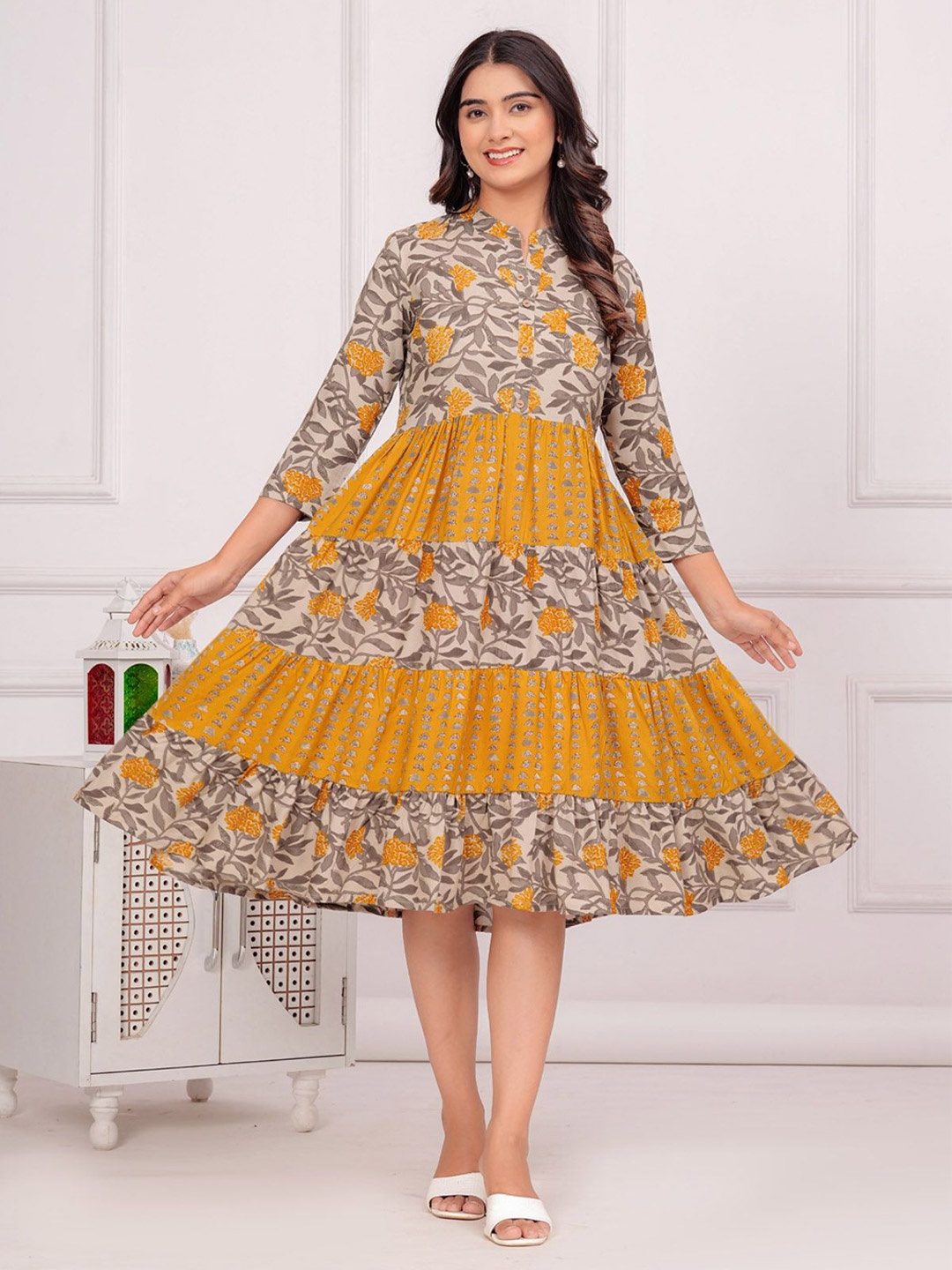 

BAESD Women Floral Printed Tiered Fit & Flare Dress, Mustard