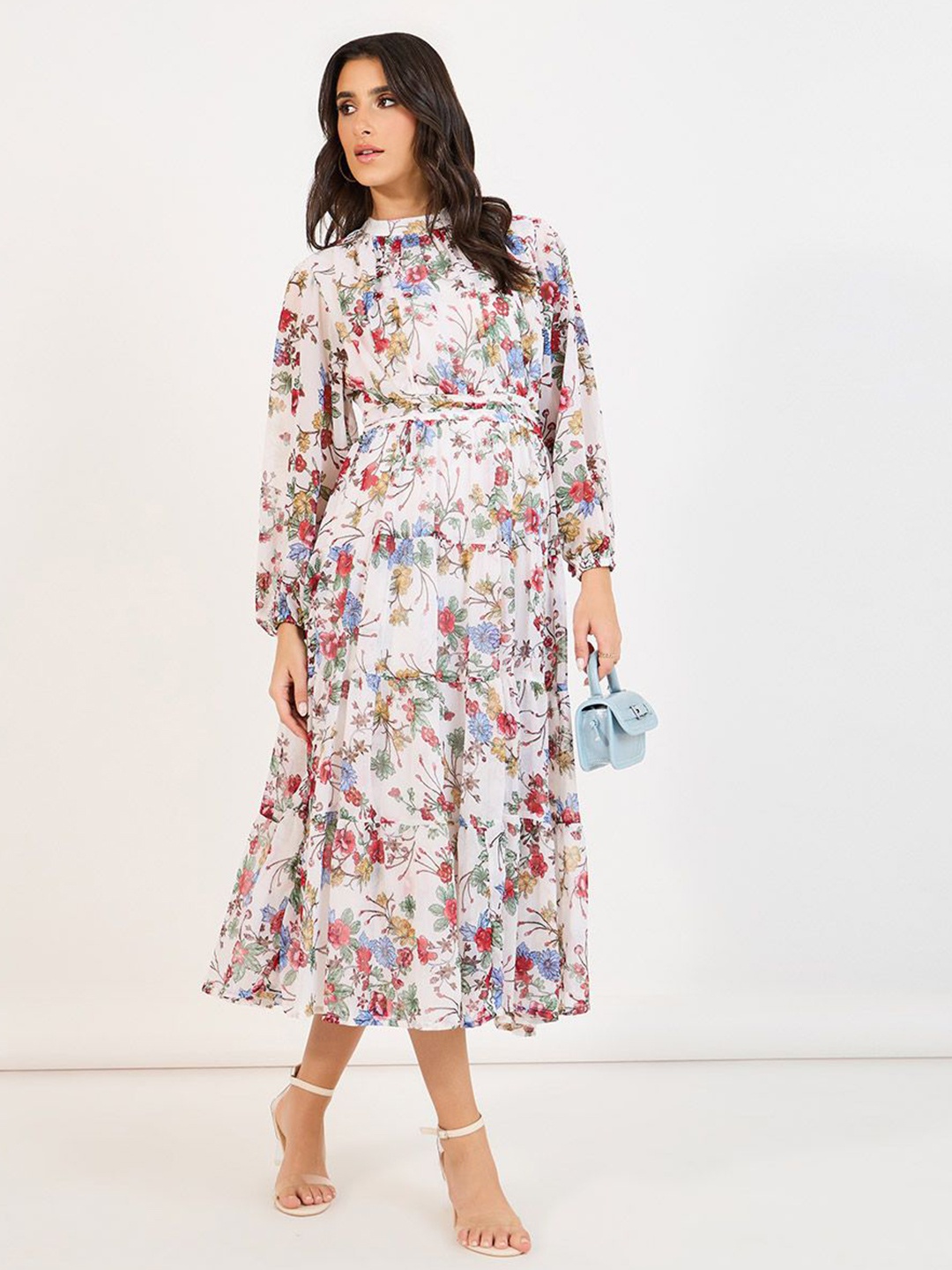 

Styli Women Floral Printed High Neck Puff Sleeve A-Line Maxi Dress, White