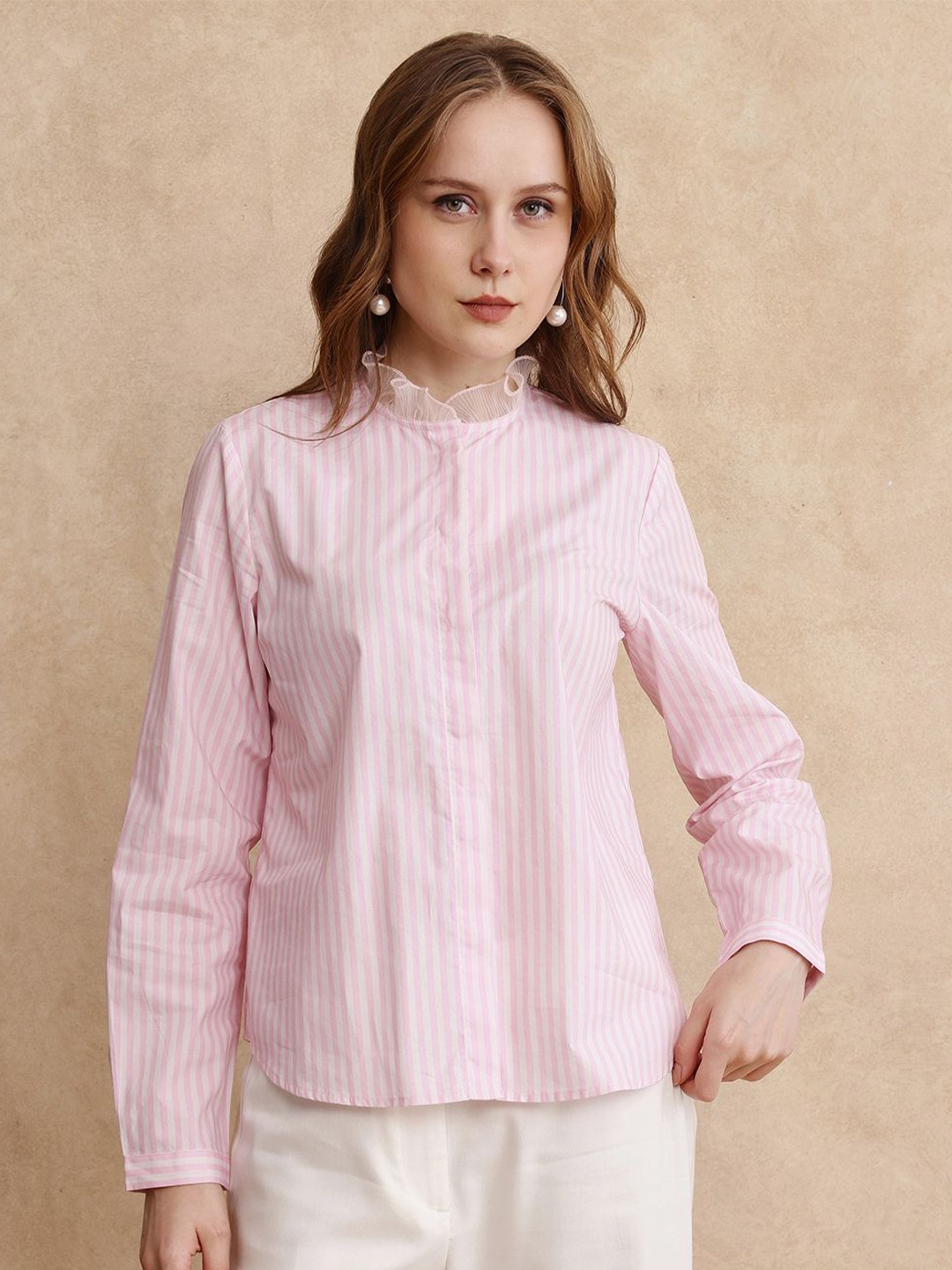 

RAREISM Women Comfort Mandarin Collar Vertical Striped Cotton Casual Shirt, Pink
