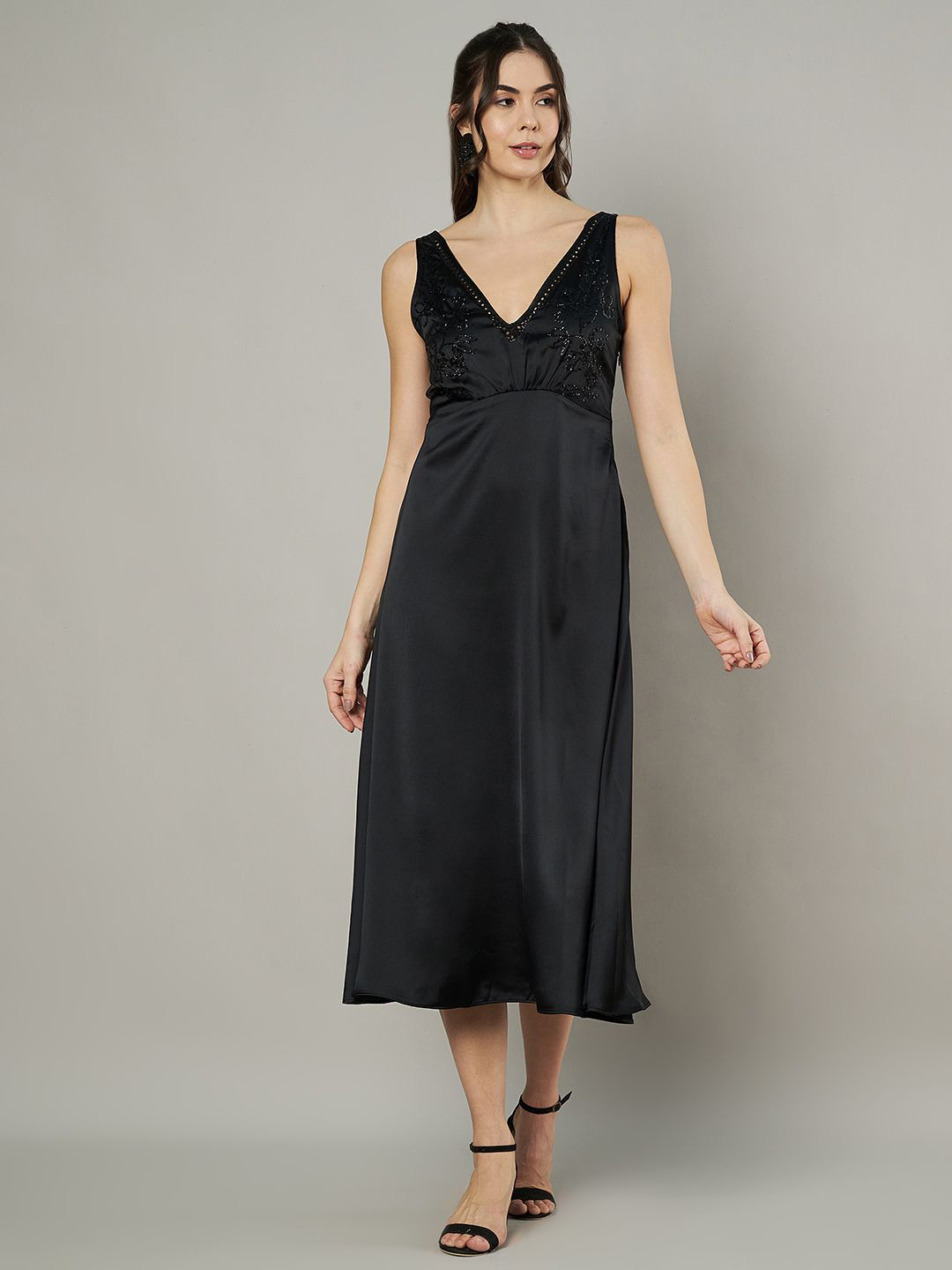 

Amagyaa Women Embellished Embroidered Satin A-Line Midi Dress, Black