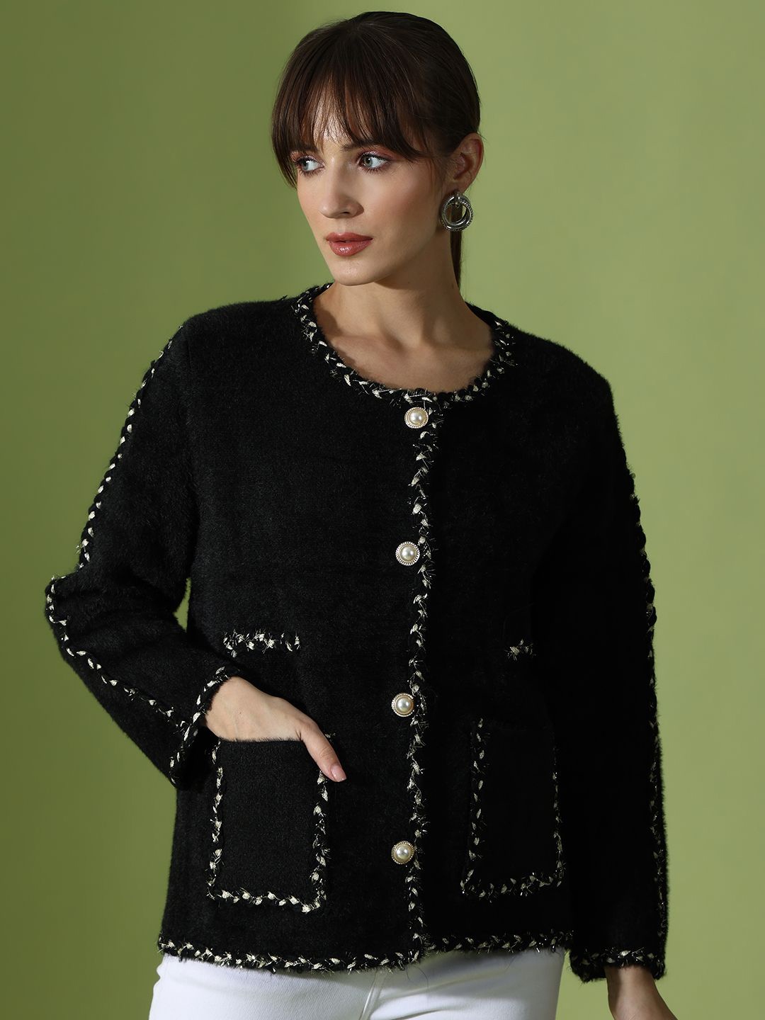

Ziva Fashion Self Design Single Breasted Woolen Overcoat, Black