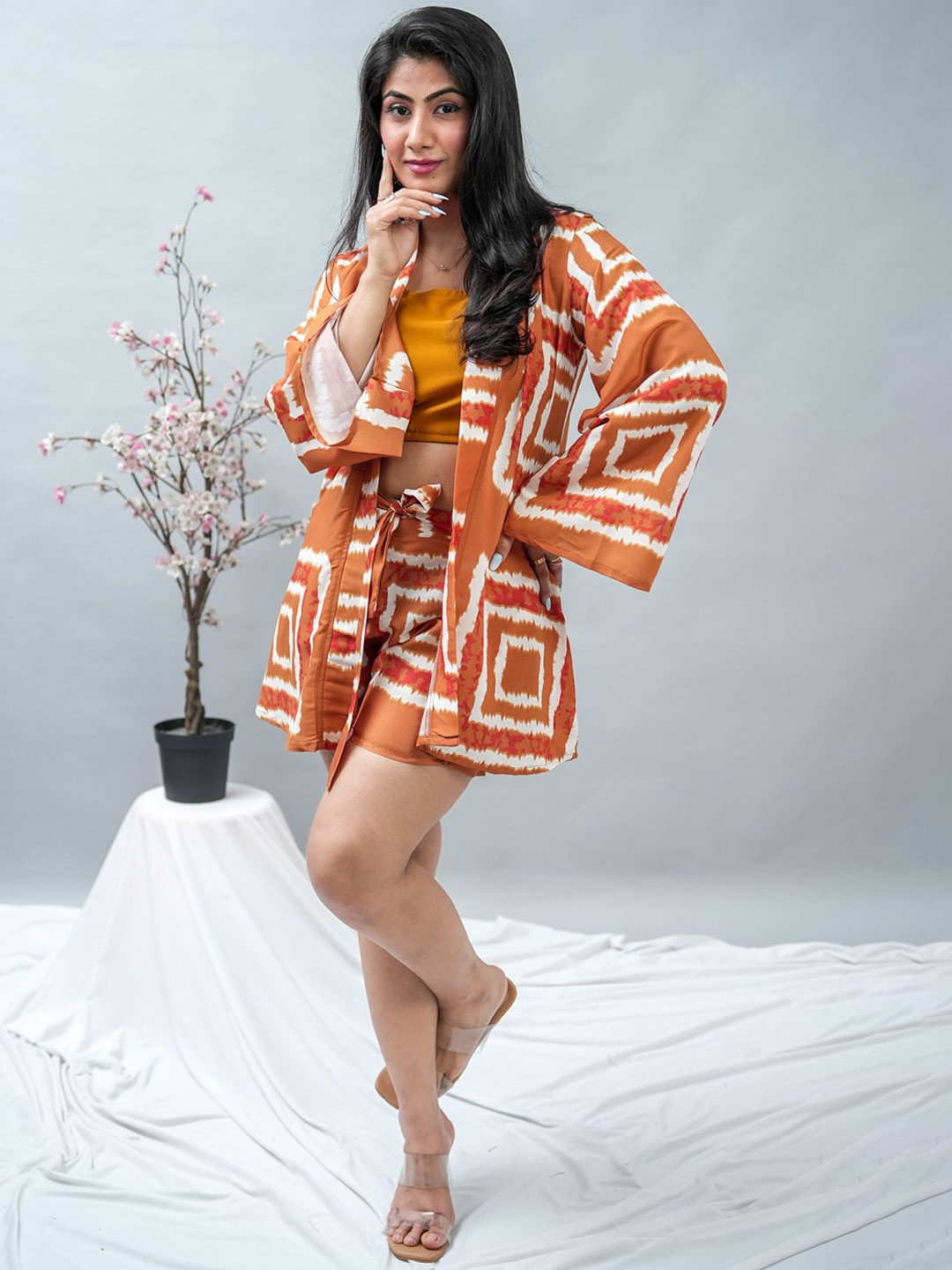 

GO BOUJEE Printed Top & Shorts With Shrug Co-Ords, Mustard