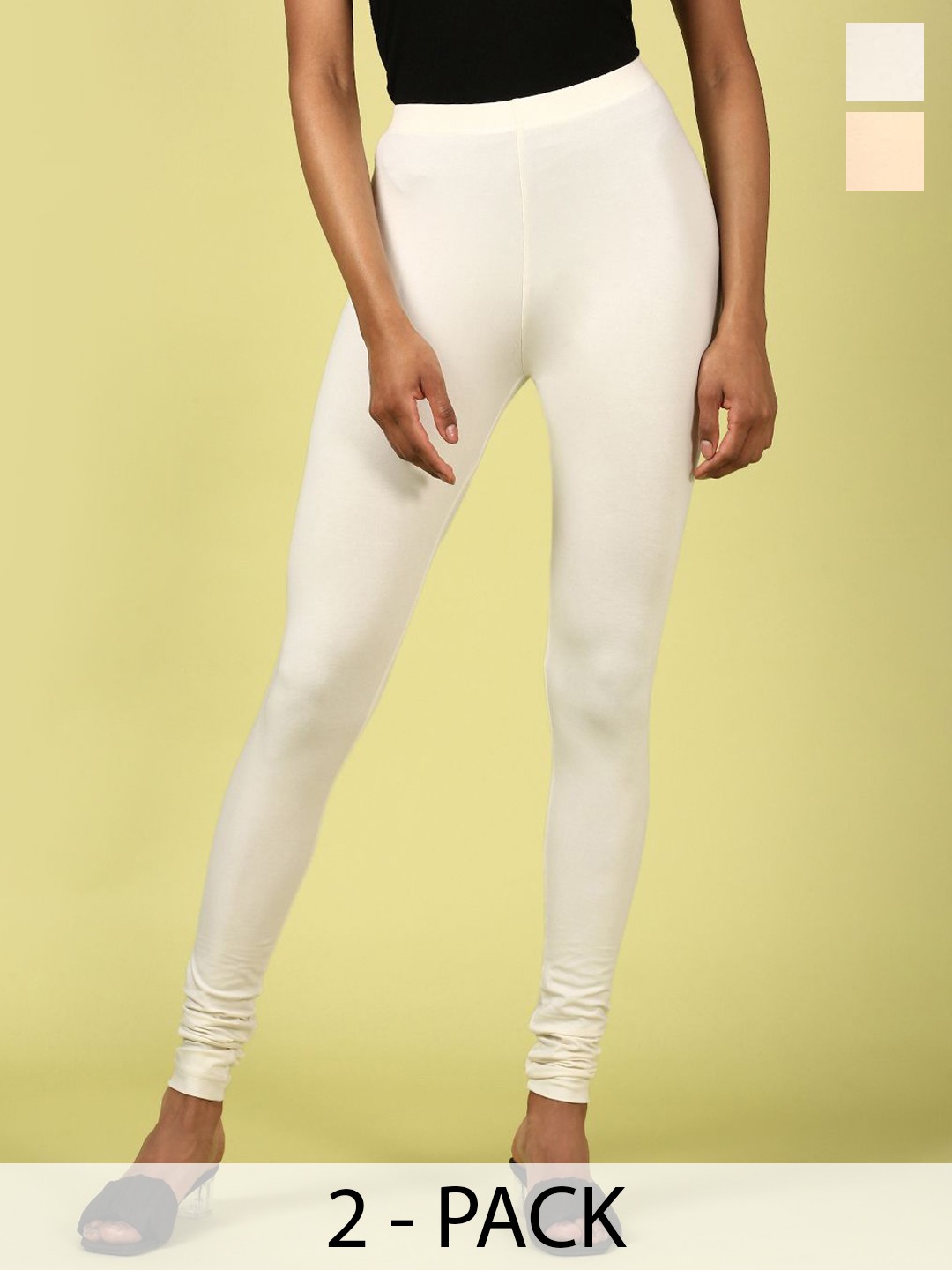 

De Moza Women Pack Of 2 Cotton Churidar Length Leggings, Off white