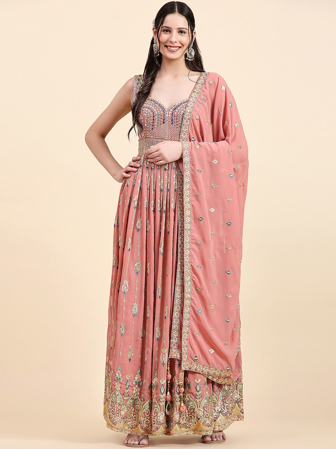 

VANAKARA Women Embroidered Gown Ethnic Dresses With Dupatta, Pink