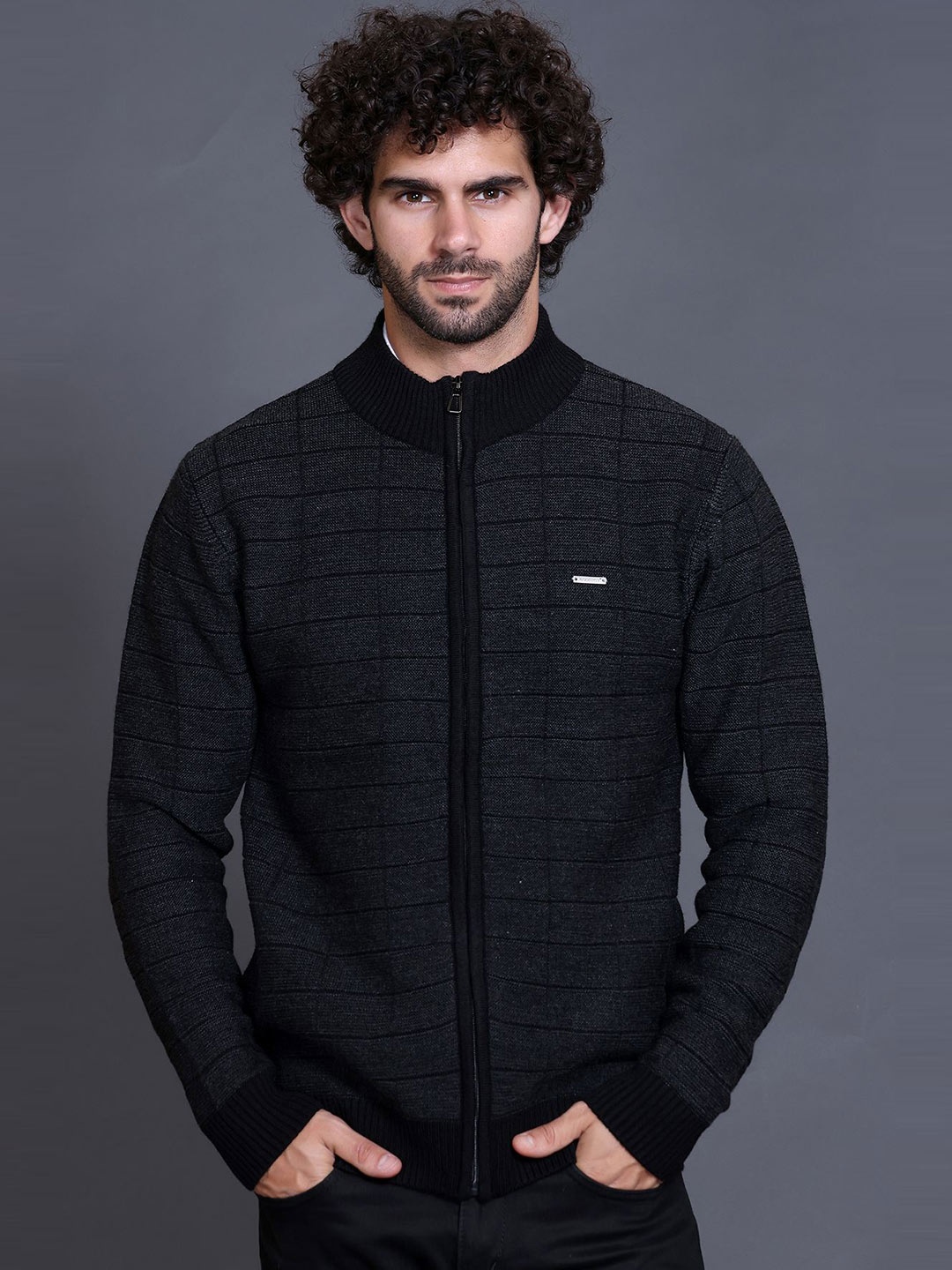 

GODFREY Men Checked Full-Zip Winter Sweater, Black