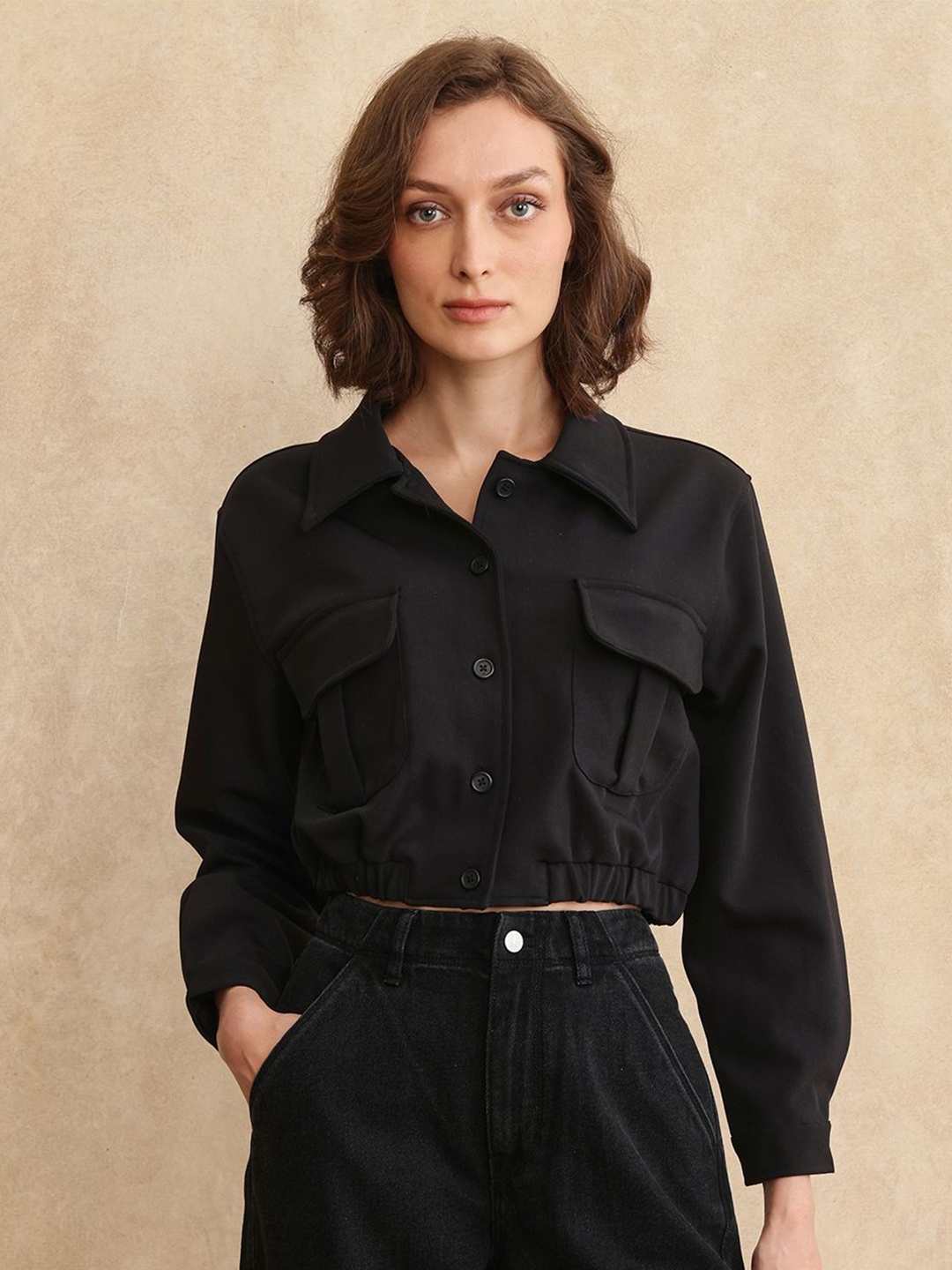 

RAREISM Women Washed Crop Denim Jacket, Black