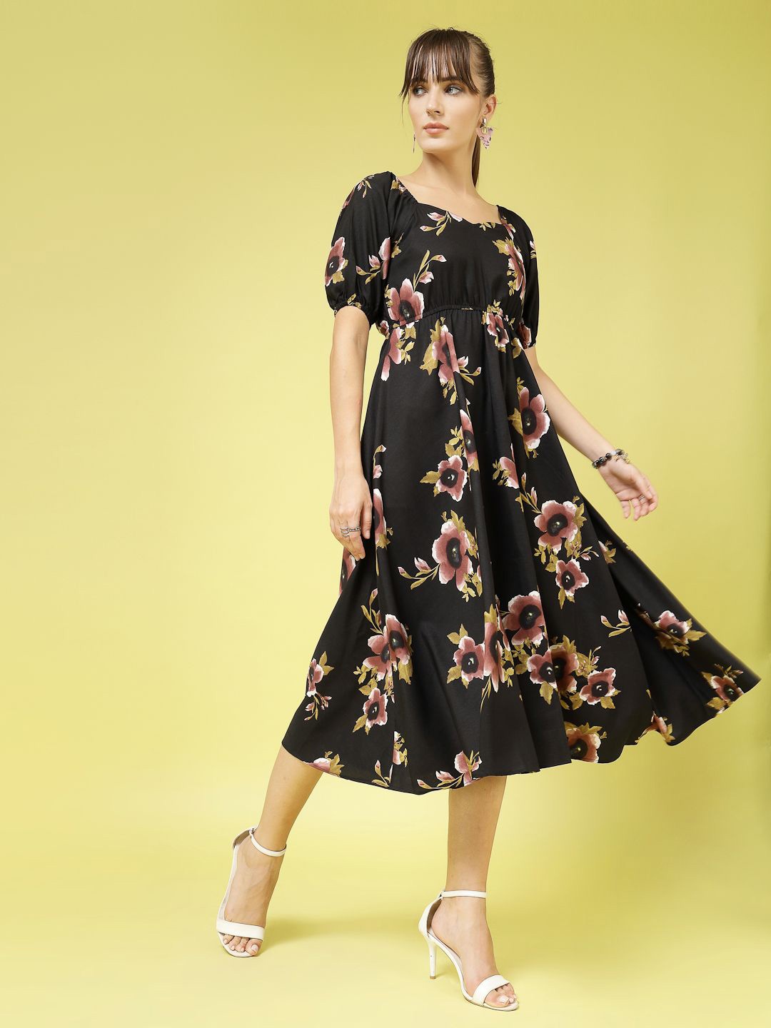 

Oomph! Floral Printed Puff Sleeve Fit & Flare Midi Dress, Black