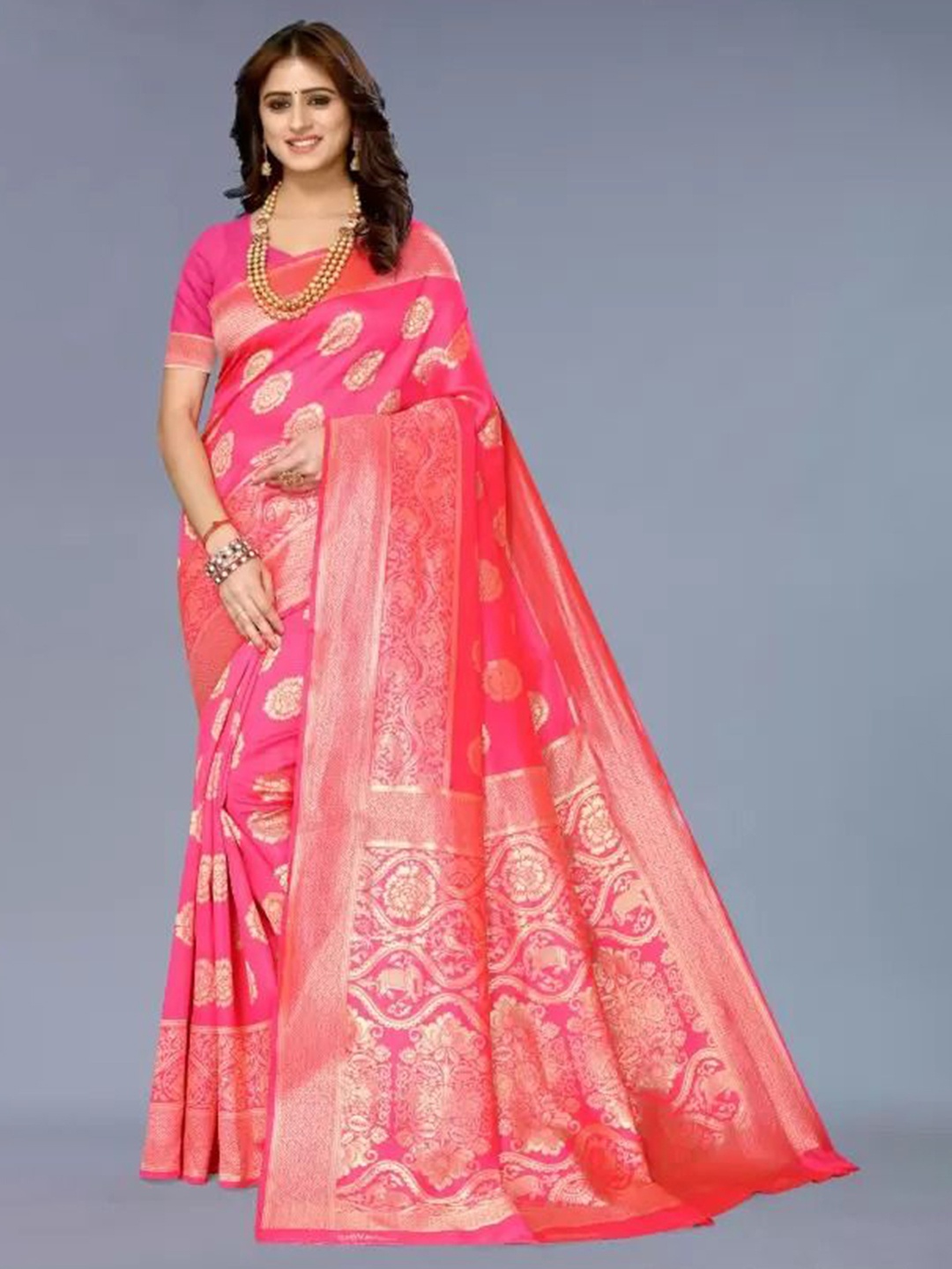 

Florence Woven Design Pure Silk Kanjeevaram Saree, Pink