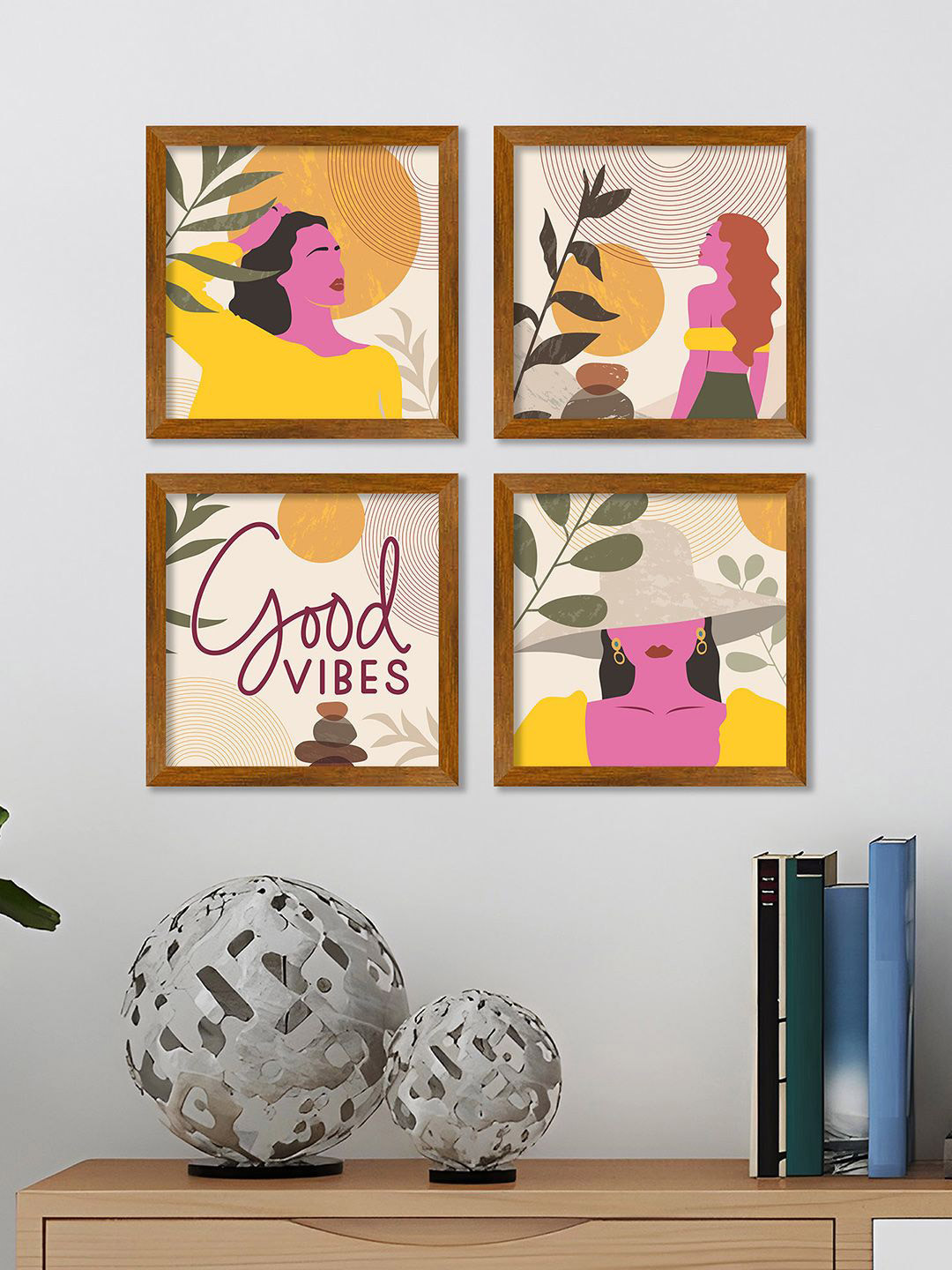 

ArtVibes Yellow & Pink 4 Pieces Printed Wooden Wall Art