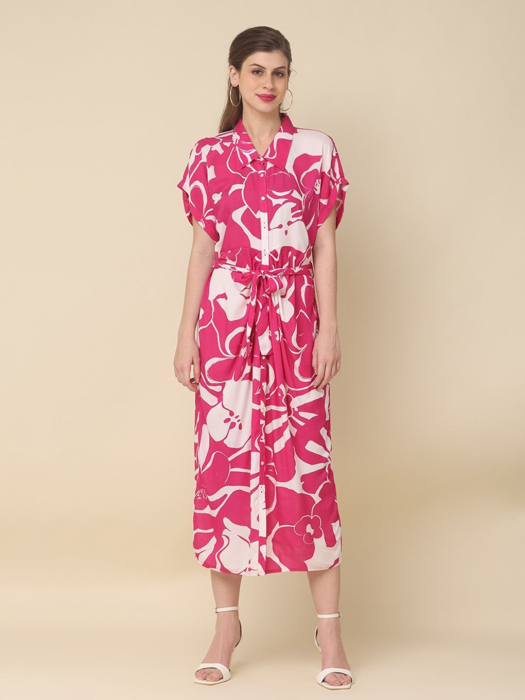 

Zolo Label Floral Printed Shirt Midi Dress, Pink