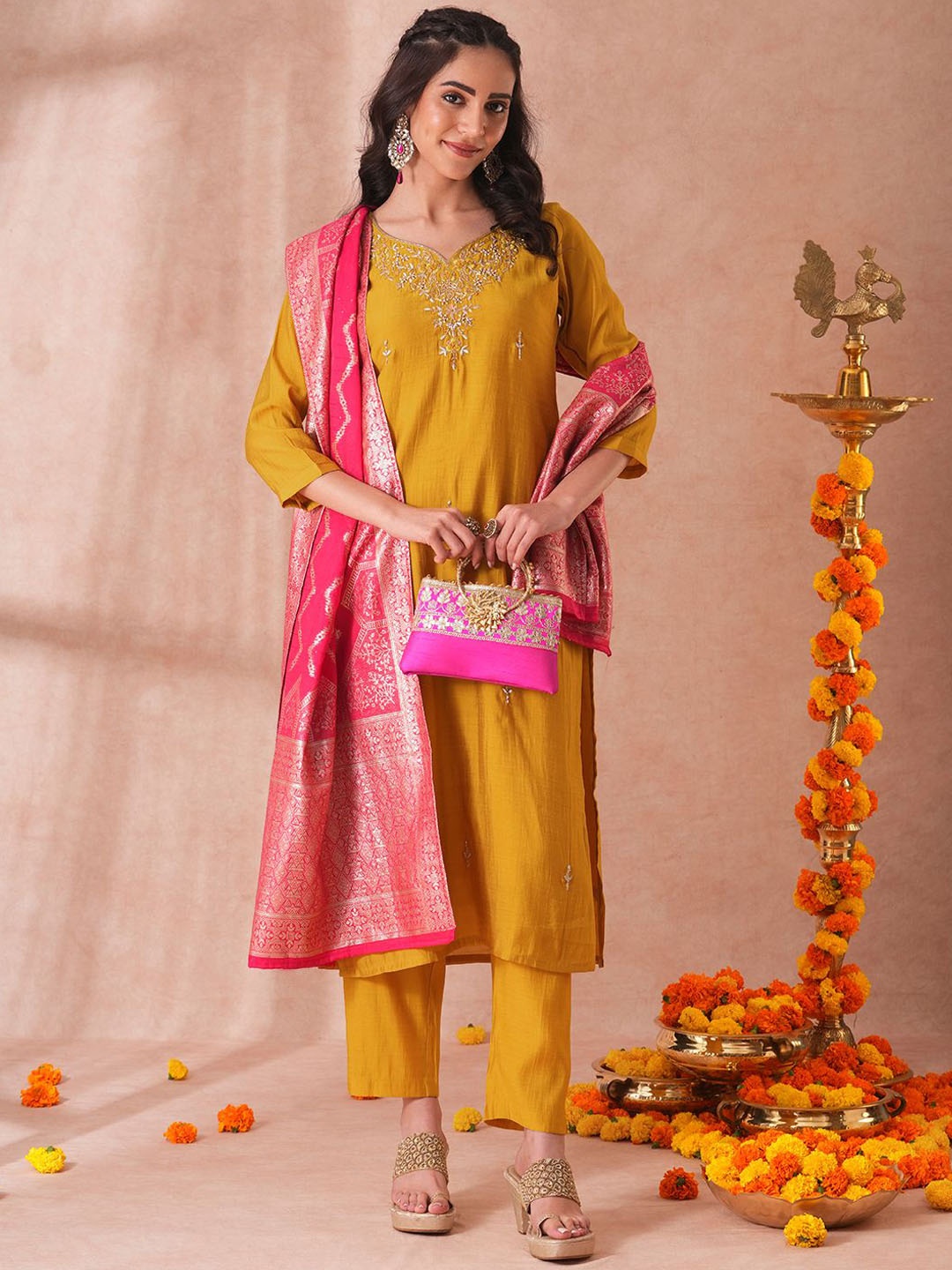 

FASHOR Floral Embroidered Regular Beads and Stones Straight Kurta with Trousers & Dupatta, Yellow