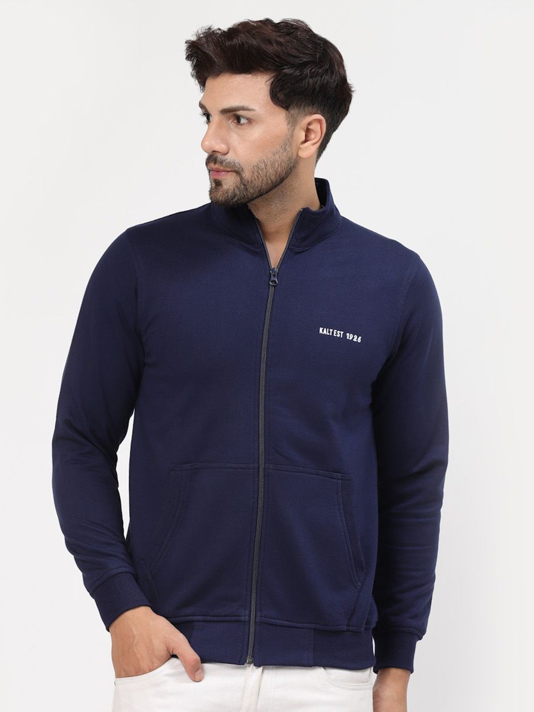 

Kalt Men Mock Collar Front-Open Sweatshirt, Navy blue