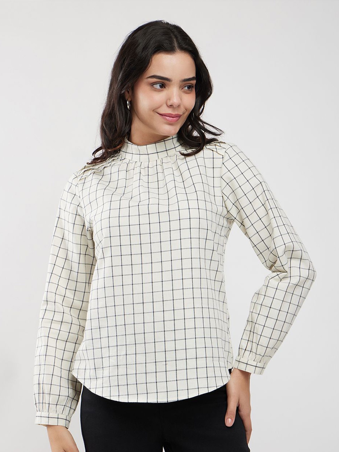 

FableStreet Checked Cotton Puff Sleeves Top, Off white